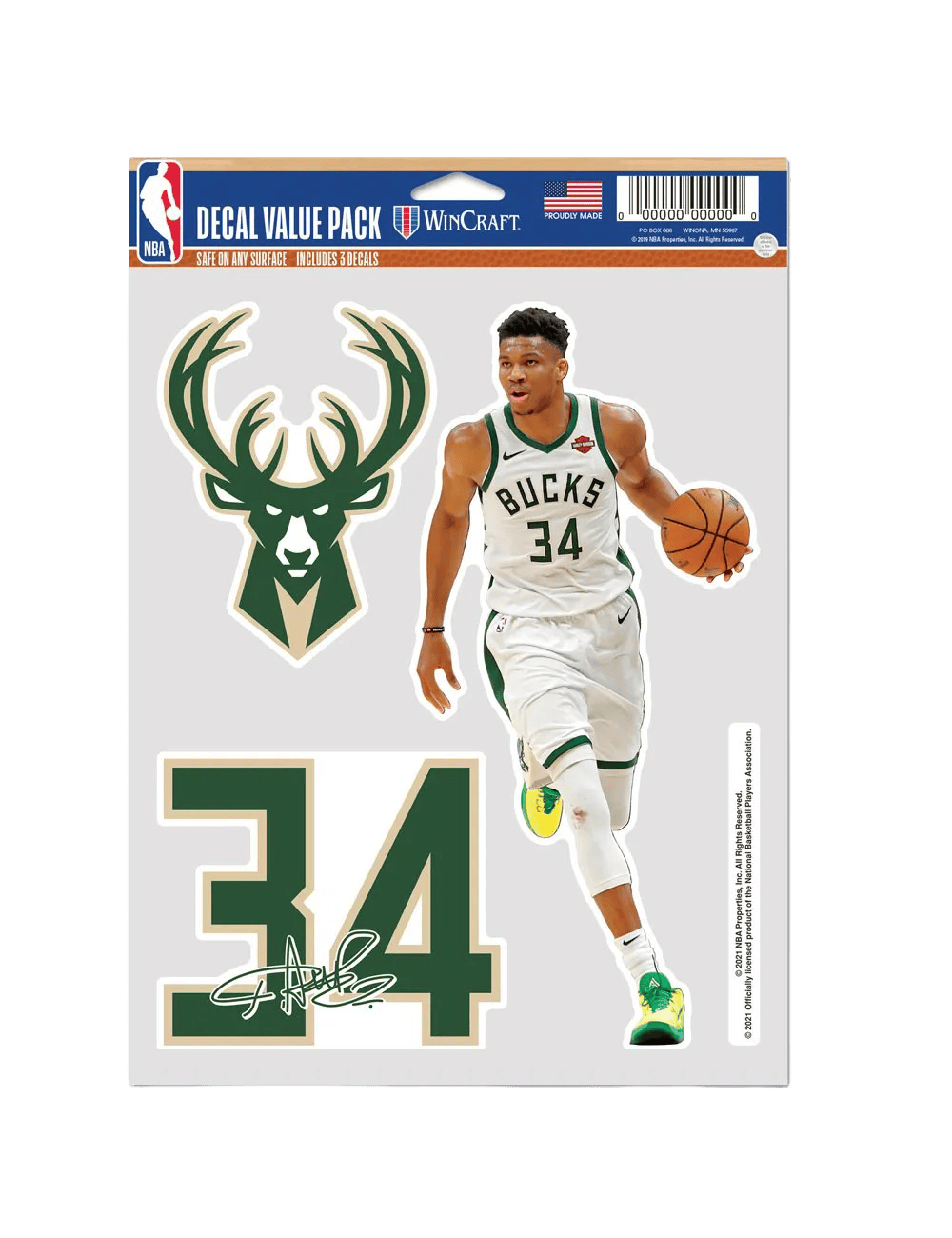 Giannis Antetokounmpo Milwaukee Bucks Wincraft NBA 3 Piece 5” x 7” Decal Set