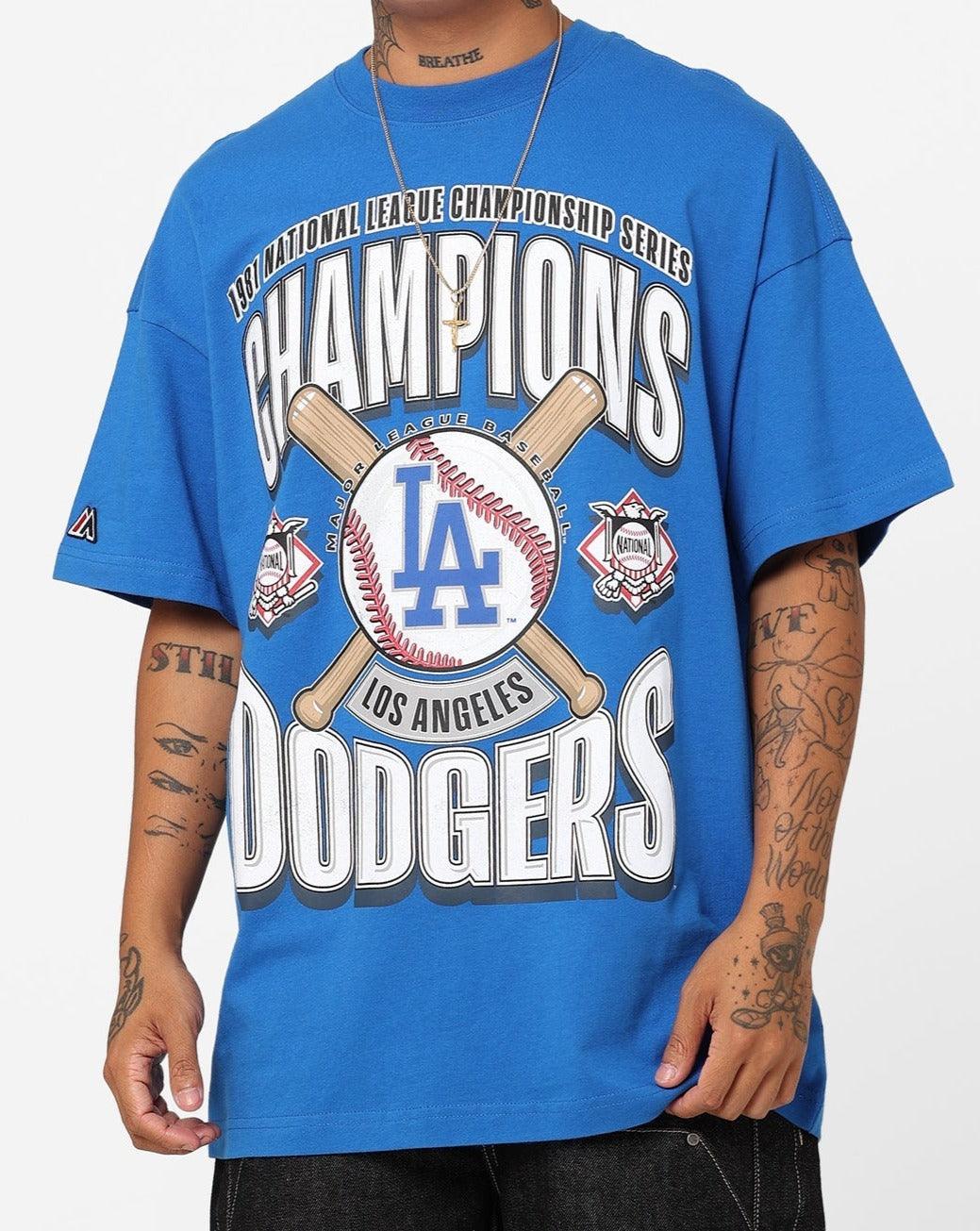 Los Angeles Dodgers Majestic MLB League Champs Oversized Vintage T-Shirt - Blue