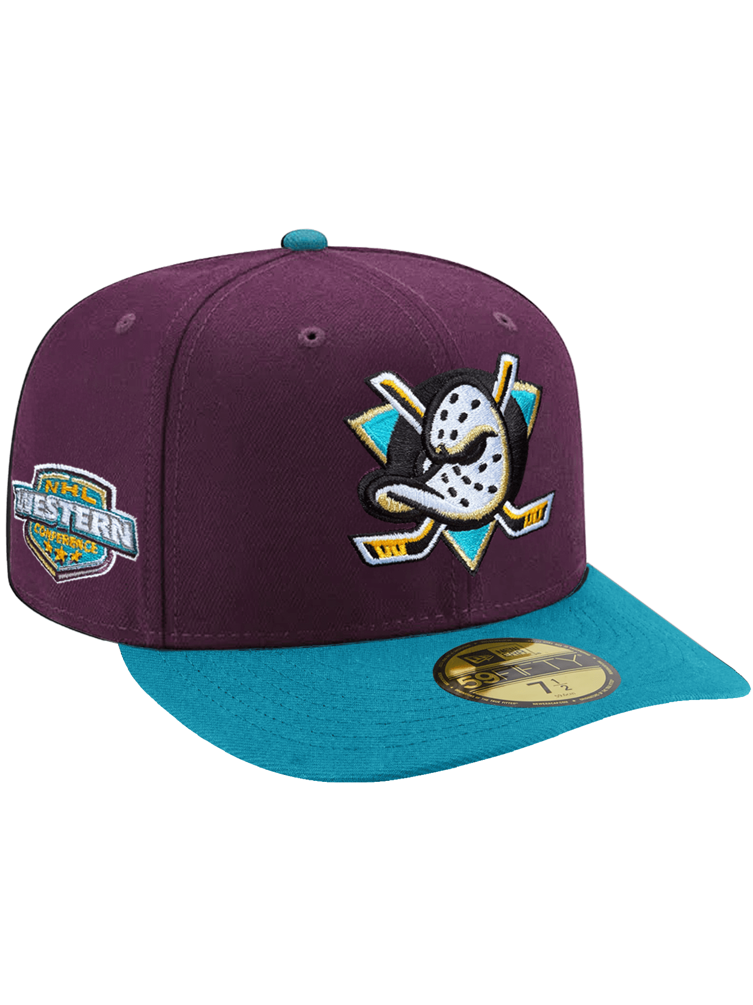 Anaheim Mighty Ducks New Era NHL Conf Side Patch 59FIFTY Pre-Curved Fitted Hat - Plum/Aqua