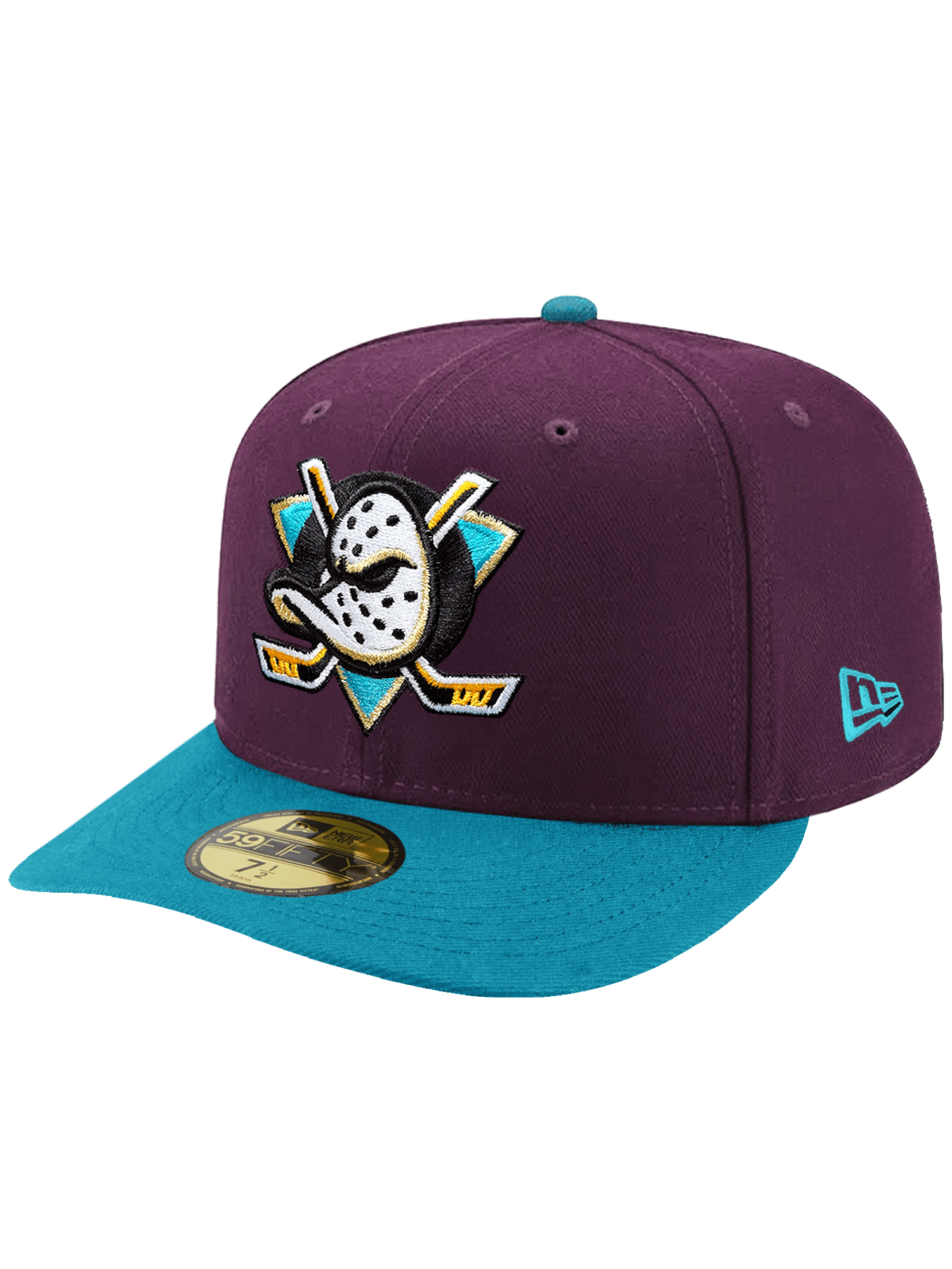 Anaheim Mighty Ducks New Era NHL Conf Side Patch 59FIFTY Pre-Curved Fitted Hat - Plum/Aqua