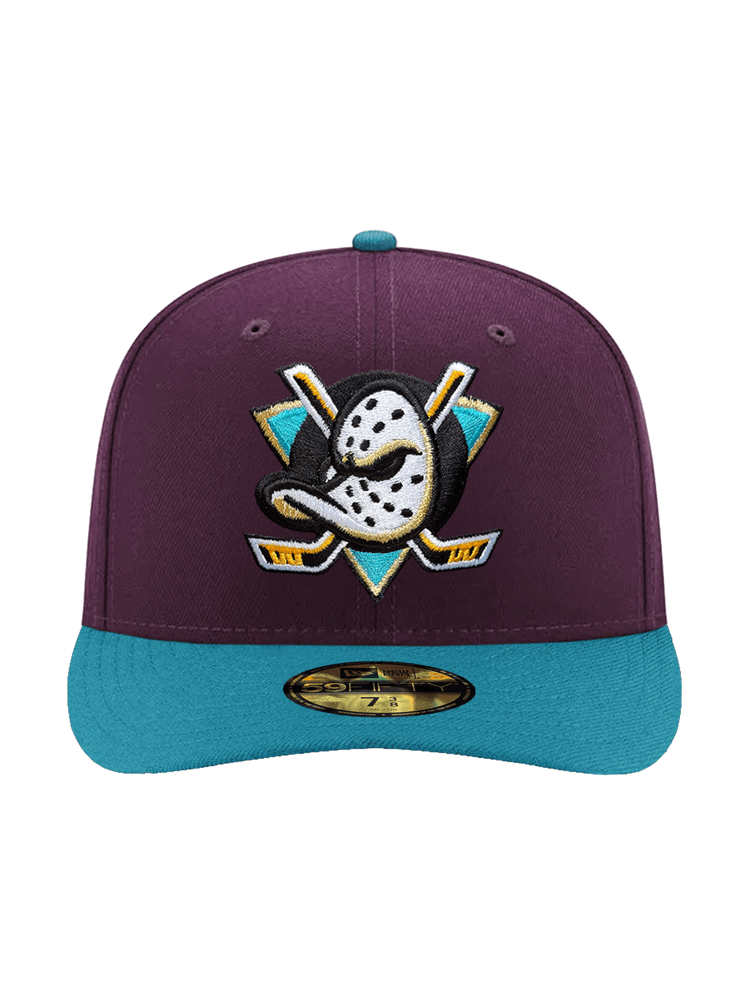 Anaheim Mighty Ducks New Era NHL Conf Side Patch 59FIFTY Pre-Curved Fitted Hat - Plum/Aqua