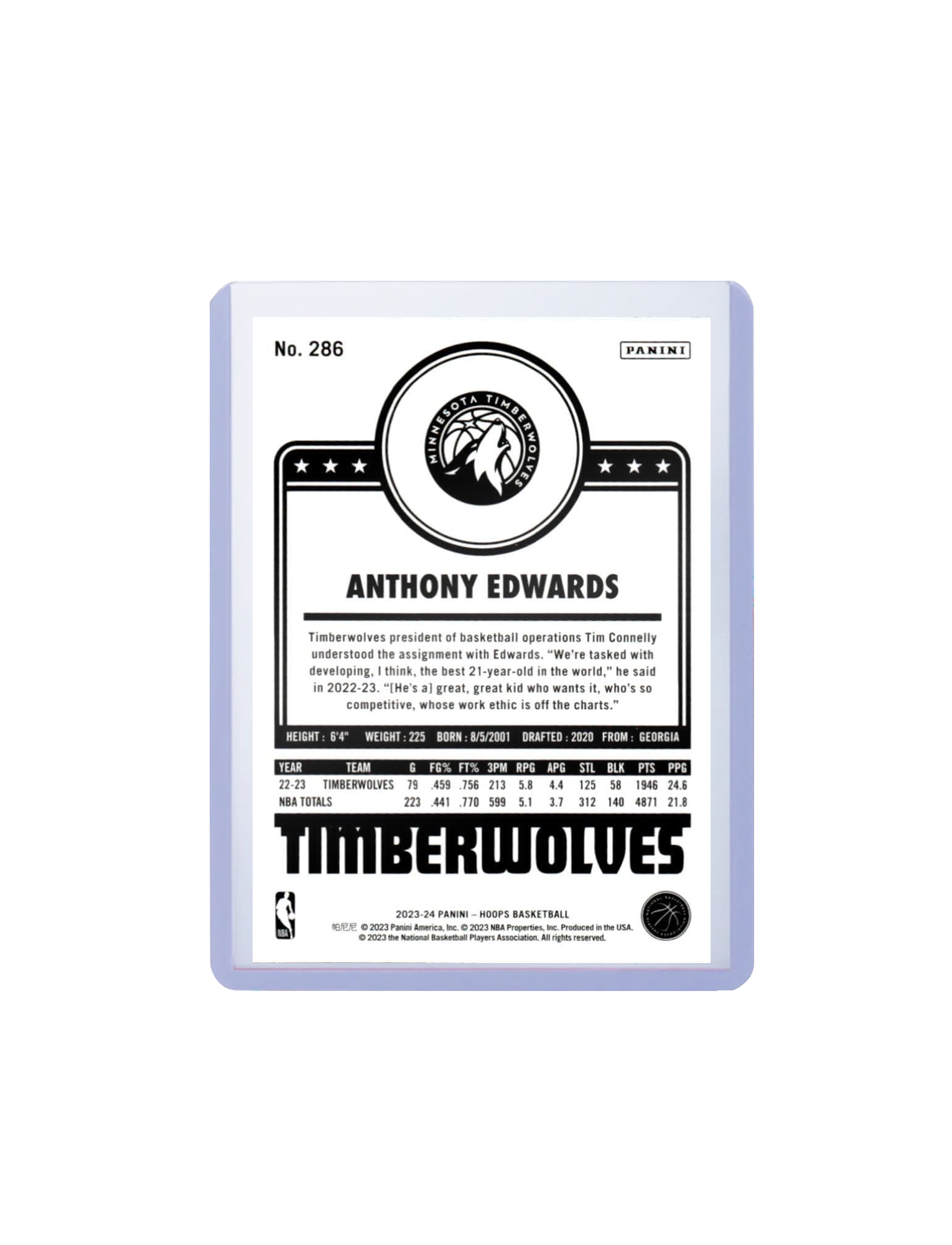 Anthony Edwards Minnesota Timberwolves Panini NBA Hoops 23-24 Tribute Card