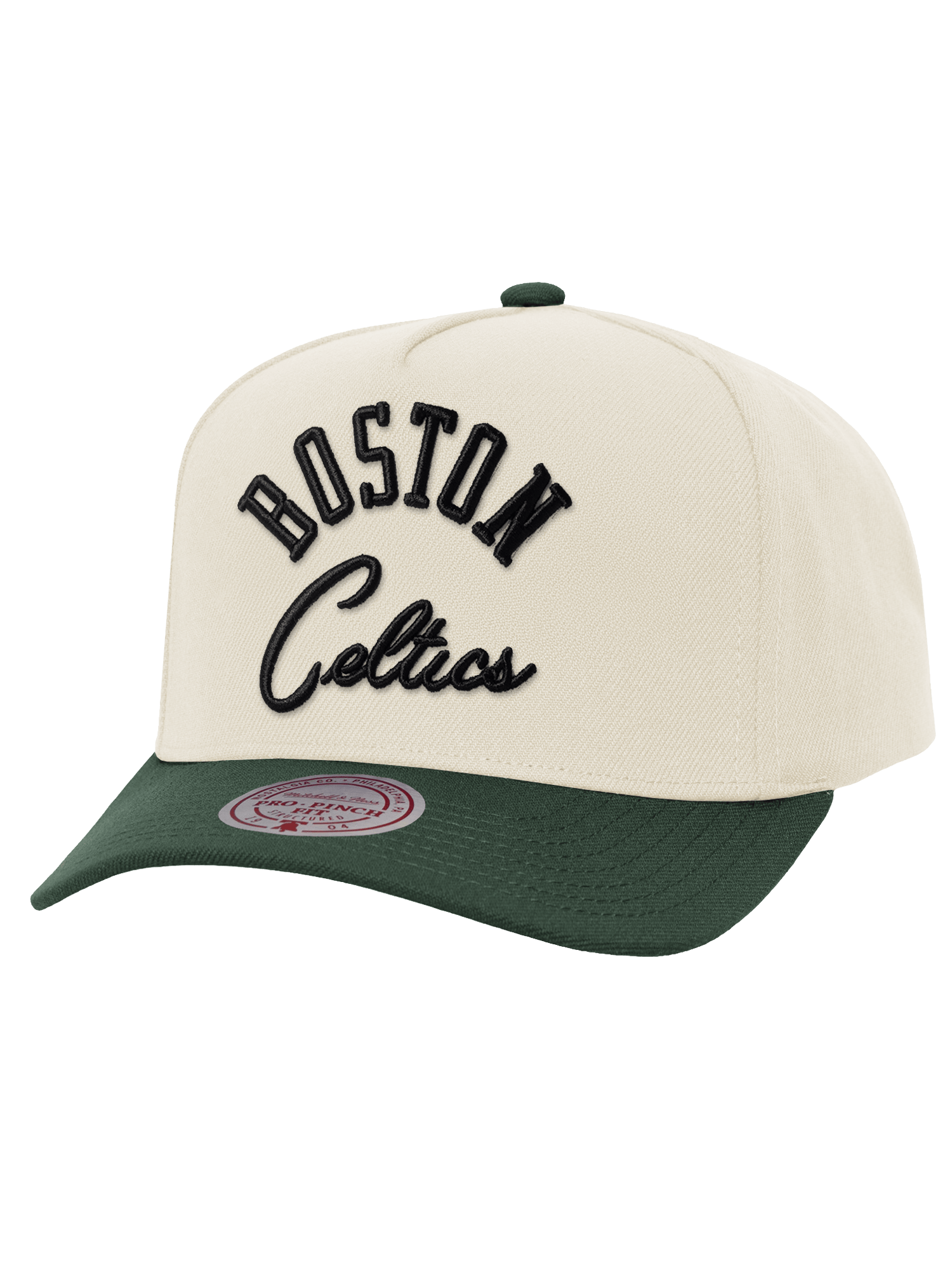 Boston Celtics Mitchell & Ness NBA Tri Logo Pro Pinch Snapback Hat - Off White
