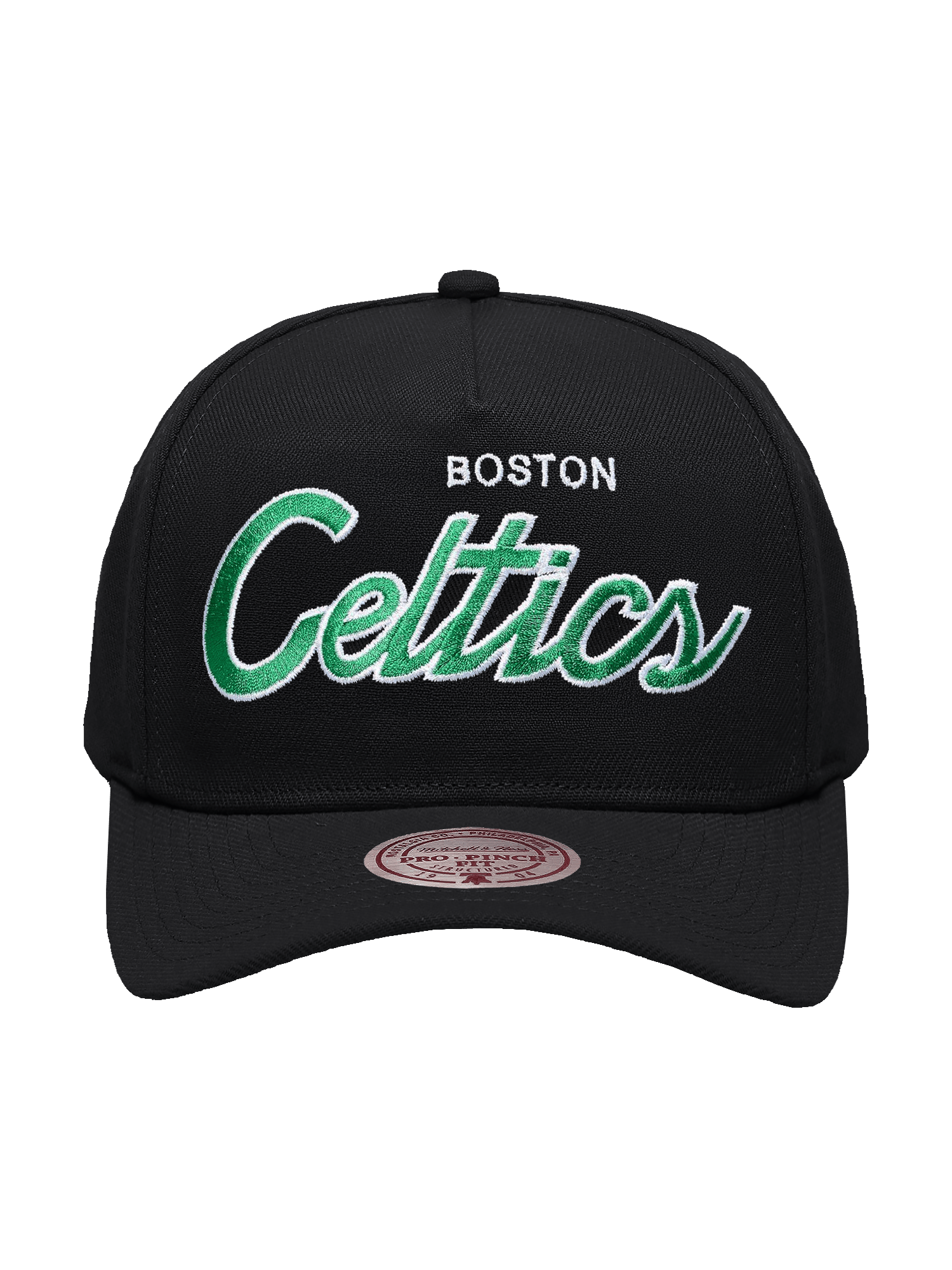 Boston Celtics Mitchell & Ness NBA Script 2.0 Pro Pinch Snapback Hat - Black