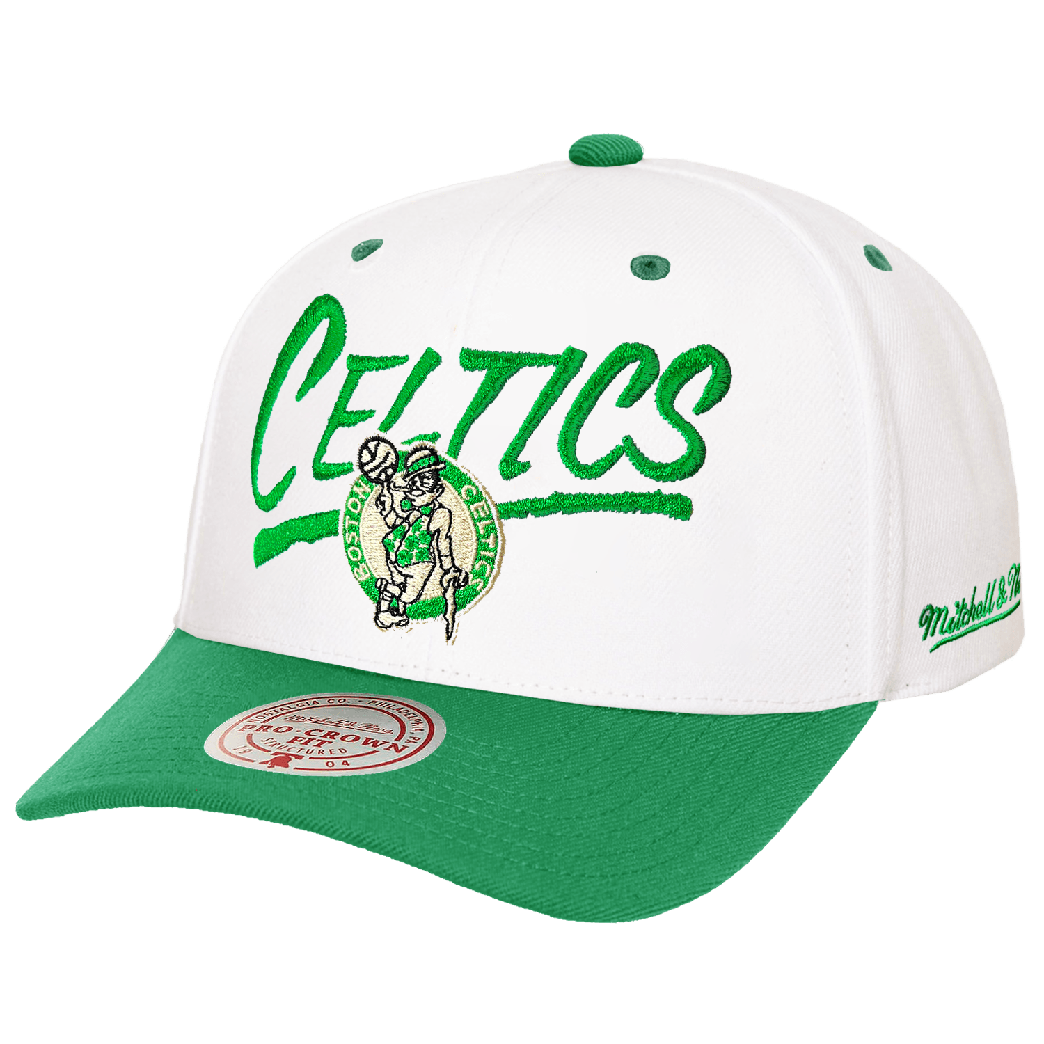 Boston Celtics Mitchell & Ness NBA Blaze Script Pro Crown Snapback Hat - White