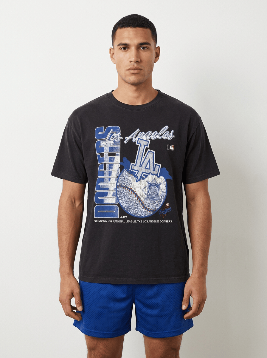 Los Angeles Dodgers Majestic MLB Burst Ball Vintage T-Shirt - Washed Black