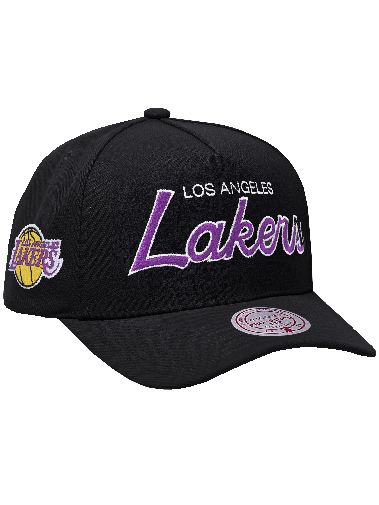 Los Angeles Lakers Mitchell & Ness NBA Script Pro Pinch Snapback Hat - Black