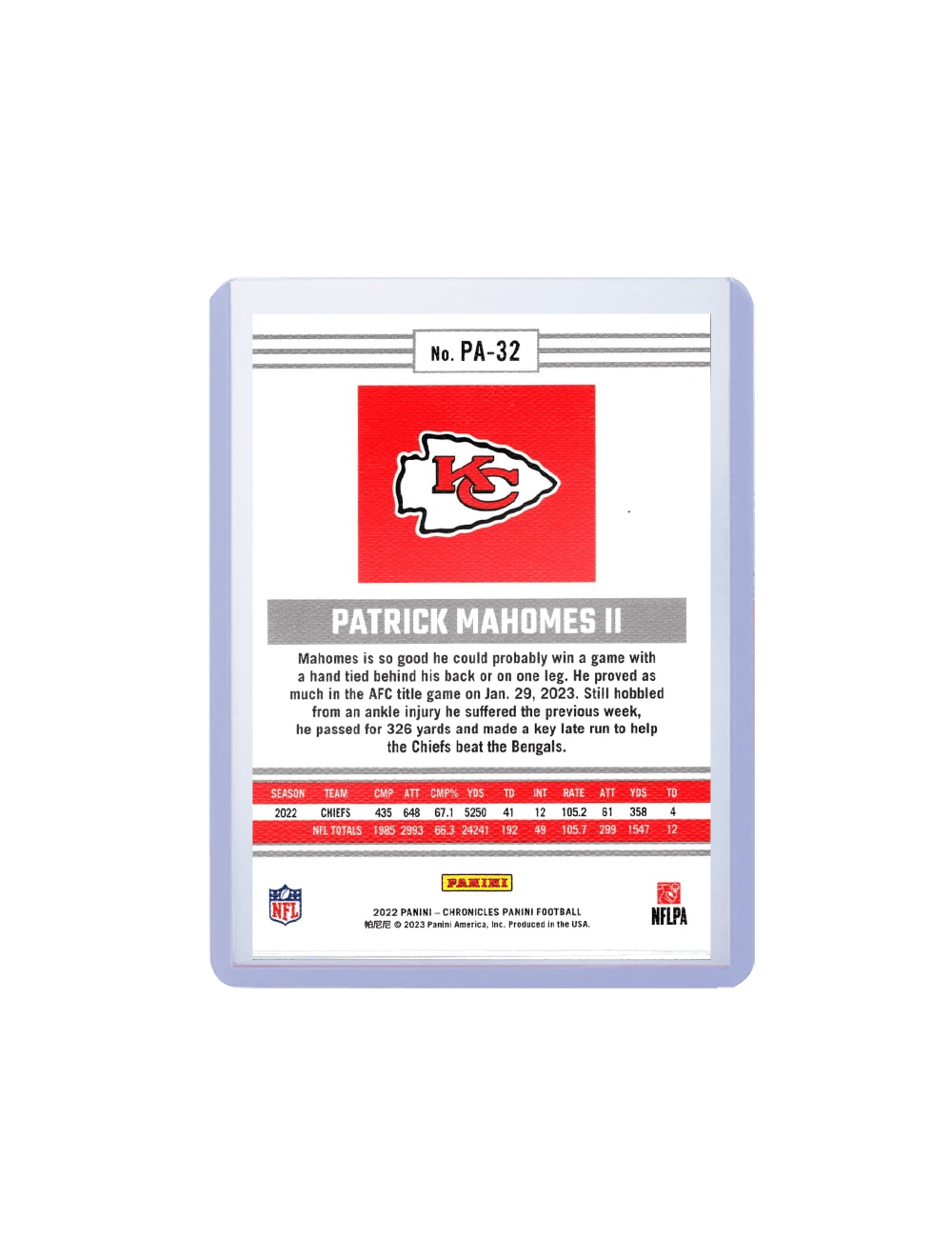 Patrick Mahomes Kansas City Chiefs Panini NFL 22 Chronicles Card