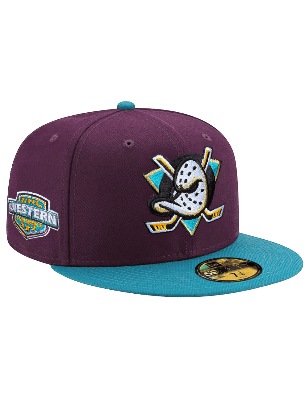 Anaheim Mighty Ducks New Era NHL Conf Side Patch 59FIFTY Fitted Hat - Plum/Aqua