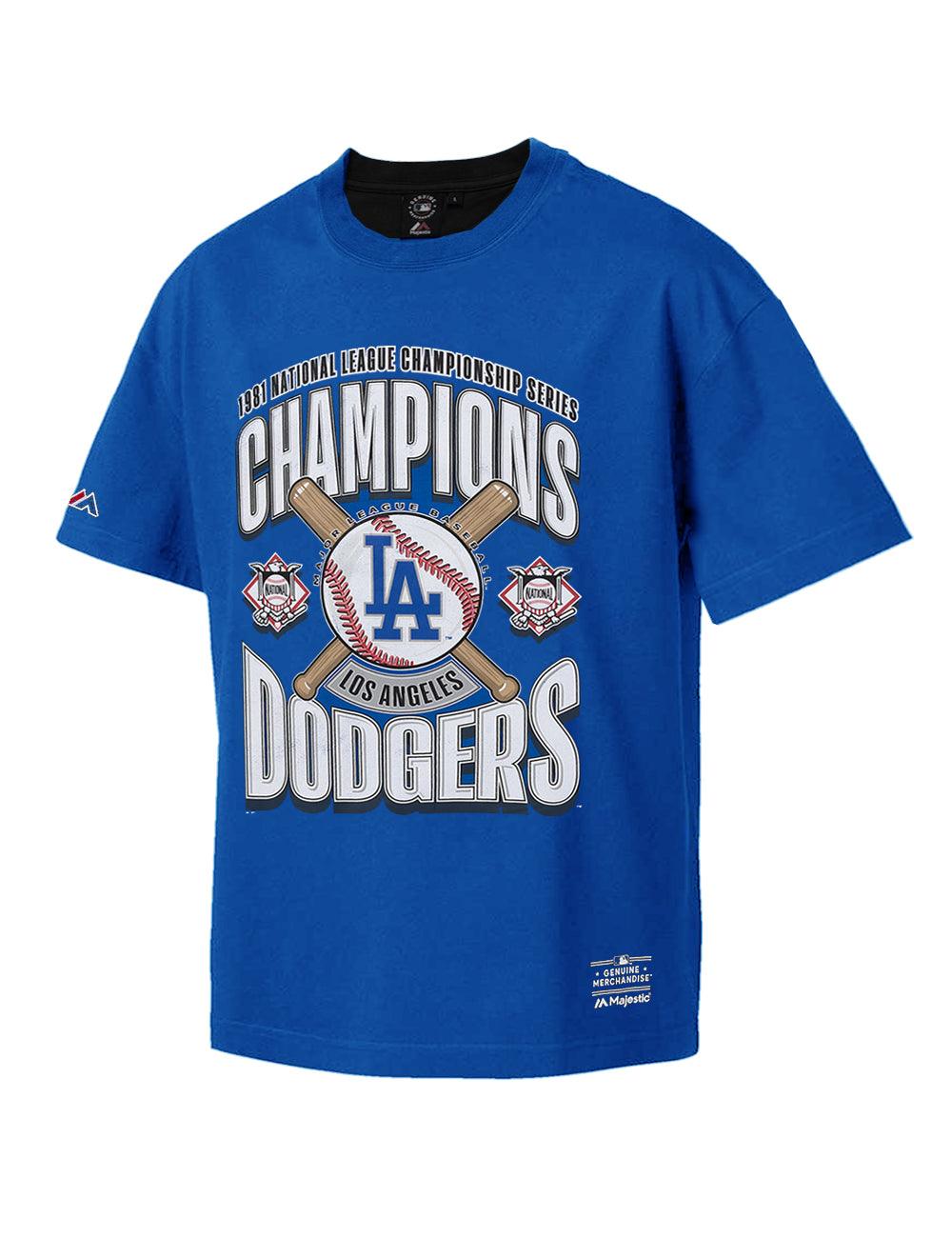 Los Angeles Dodgers Majestic MLB League Champs Oversized Vintage T-Shirt - Blue