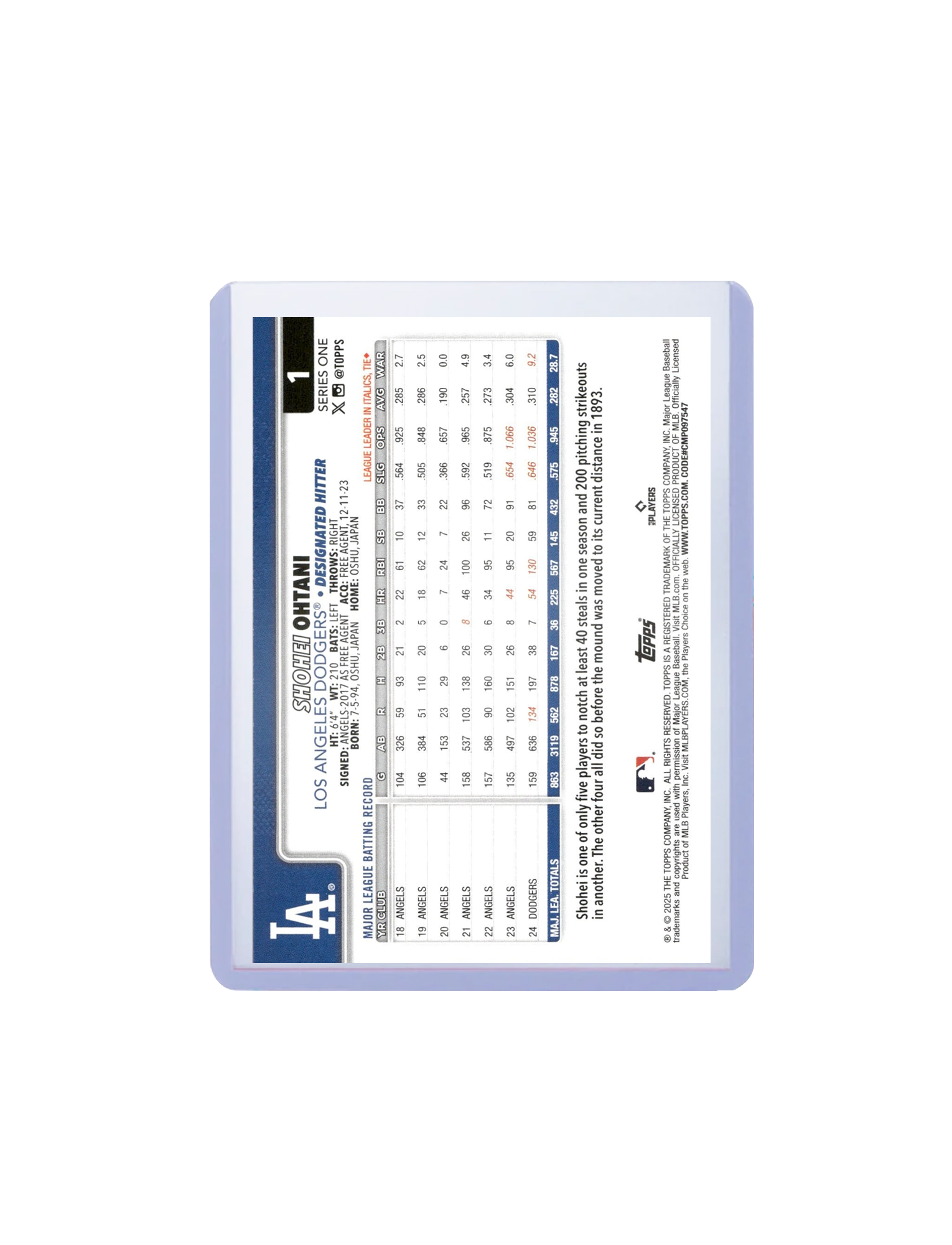 Shohei Ohtani Los Angeles Dodgers Topps MLB Series 1 25 Base Card
