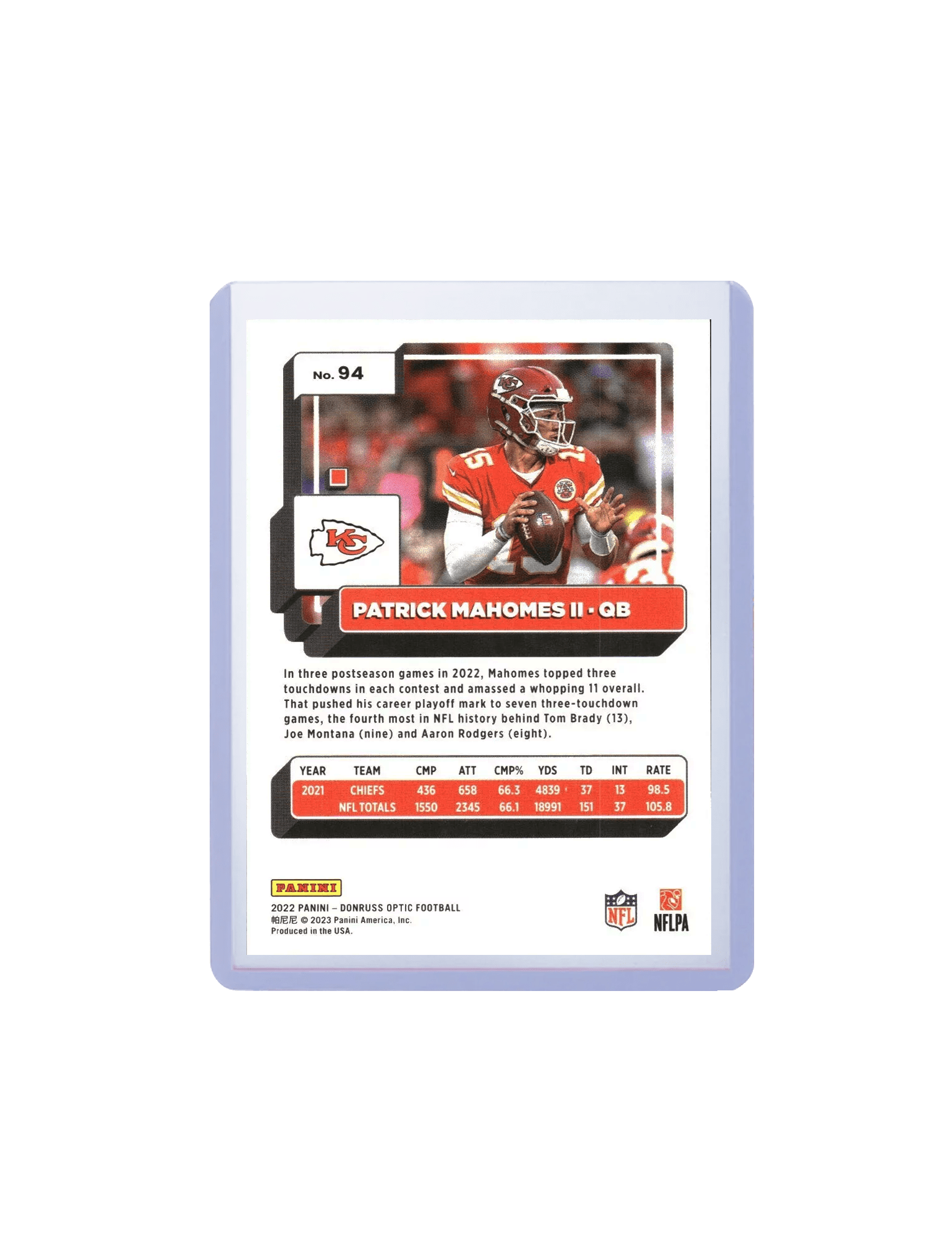 Patrick Mahomes Kansas City Chiefs Panini NFL 22 Optic 94 Base Card