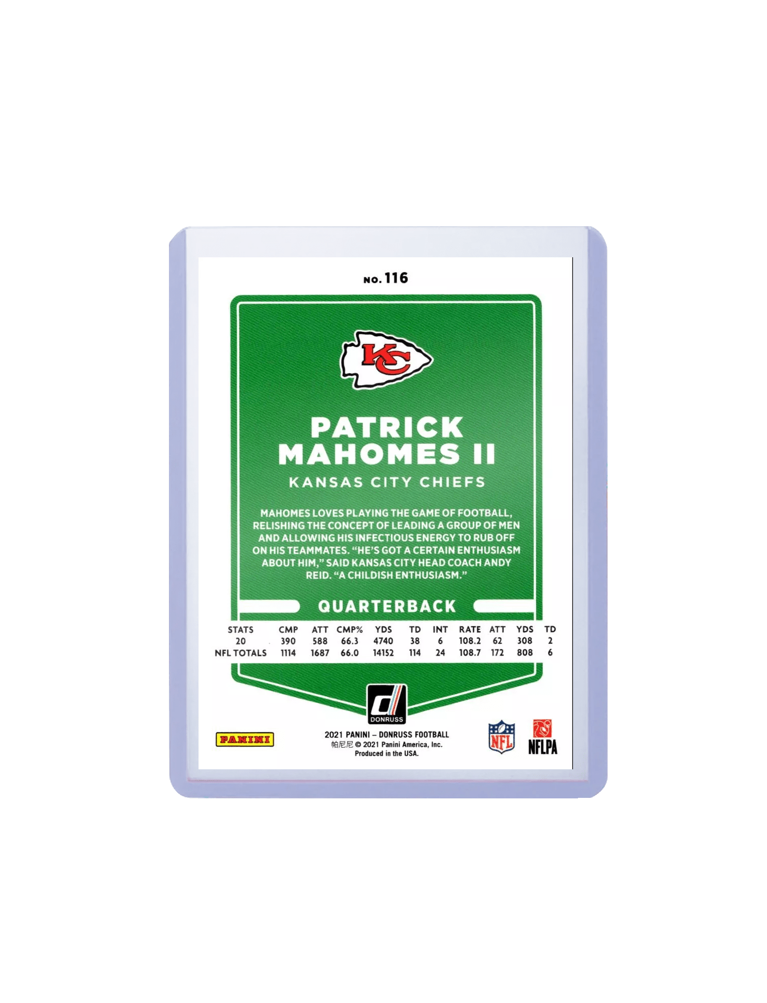 Patrick Mahomes Kansas City Chiefs Panini NFL 21 Donruss 116 Base Card