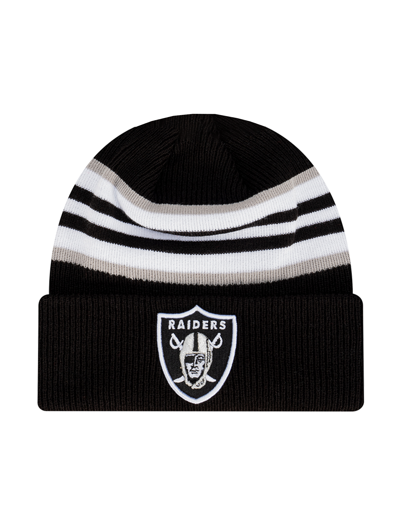 Las Vegas Raiders New Era NFL Stripe Hit Pomless Knit Beanie - Black