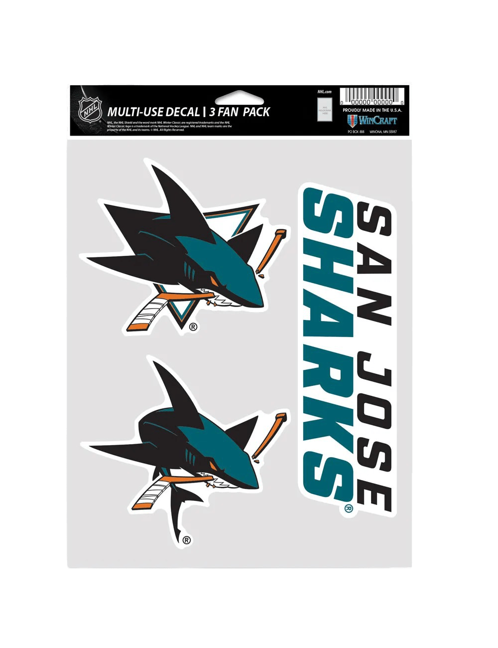 San Jose Sharks Wincraft NHL Team 3 Piece 5” x 7” Decal Set