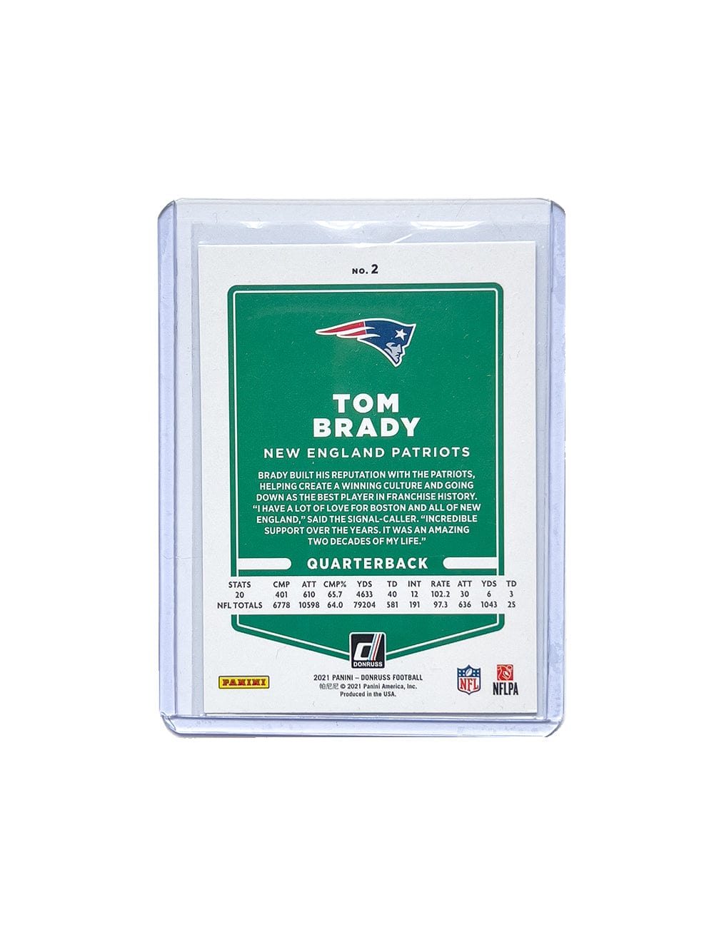 Tom Brady New England Patriots Panini NFL Donruss 21 Blue Press Proof Card