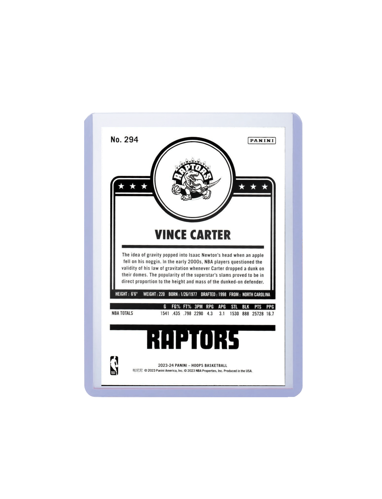 Vince Carter Toronto Raptors Panini NBA 23-24 Hoops Tribute Card