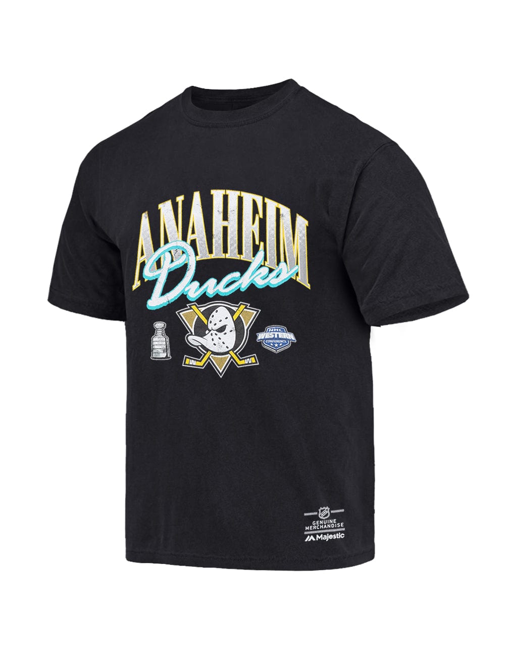 Majestic Athletic T-Shirts Anaheim Mighty Ducks Majestic NHL Script Arch Vintage T-Shirt - Faded Black