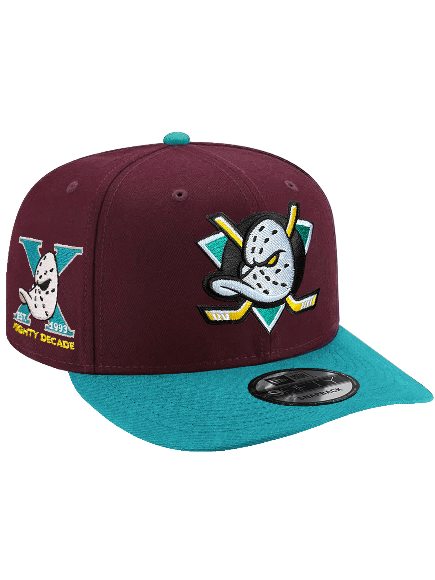 New Era Caps Anaheim Mighty Ducks New Era NHL Mighty Decade 9FIFTY Pre-Curved Snapback Hat - Maroon/Teal