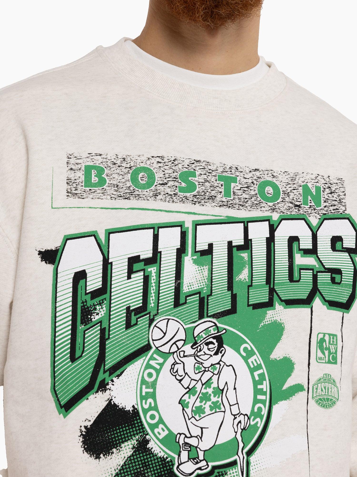 Mitchell And Ness Jumpers Boston Celtics Mitchell & Ness NBA Brush Off 2.0 Vintage Crew Jumper - White Marle