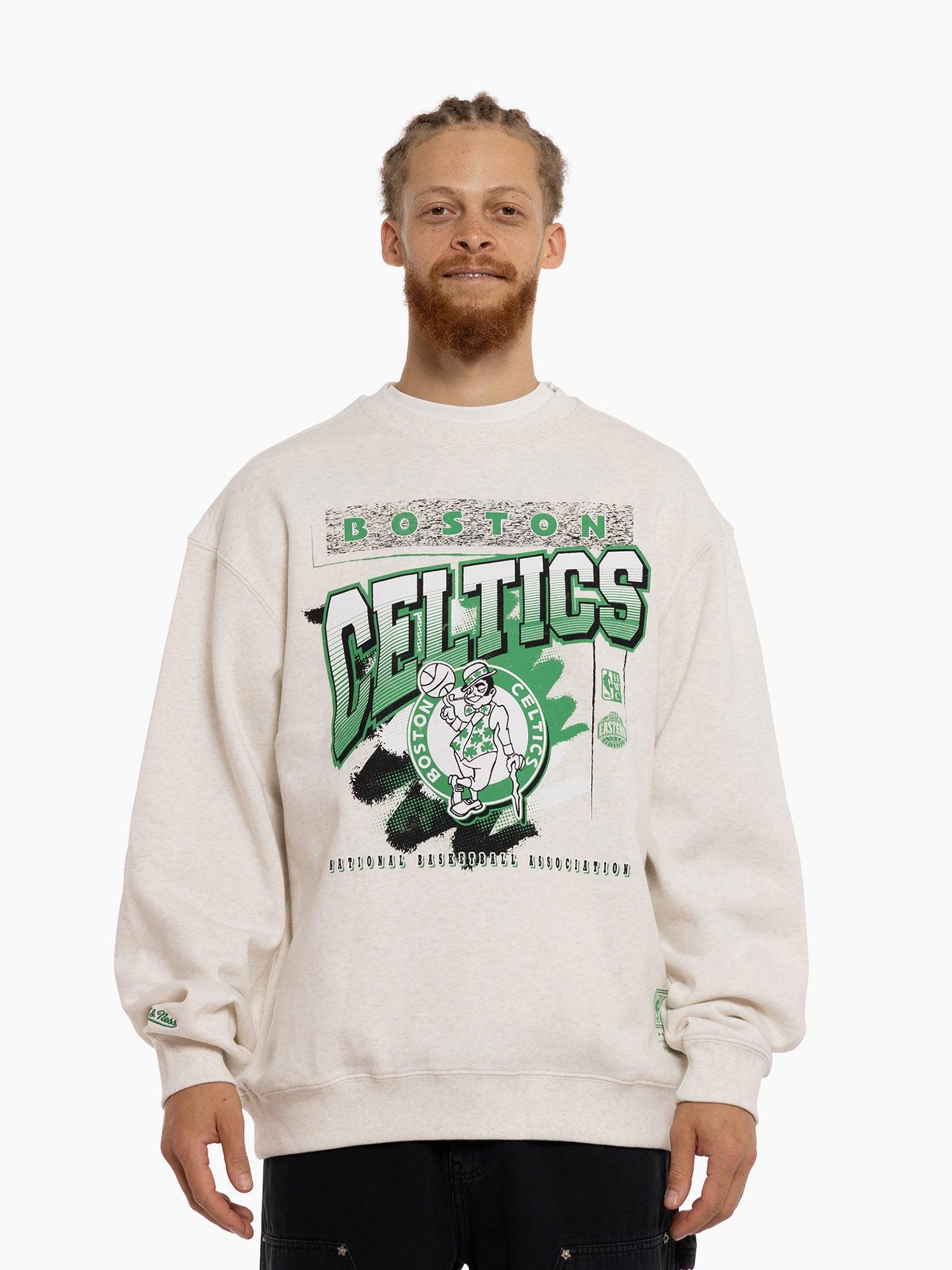 Mitchell And Ness Jumpers Boston Celtics Mitchell & Ness NBA Brush Off 2.0 Vintage Crew Jumper - White Marle
