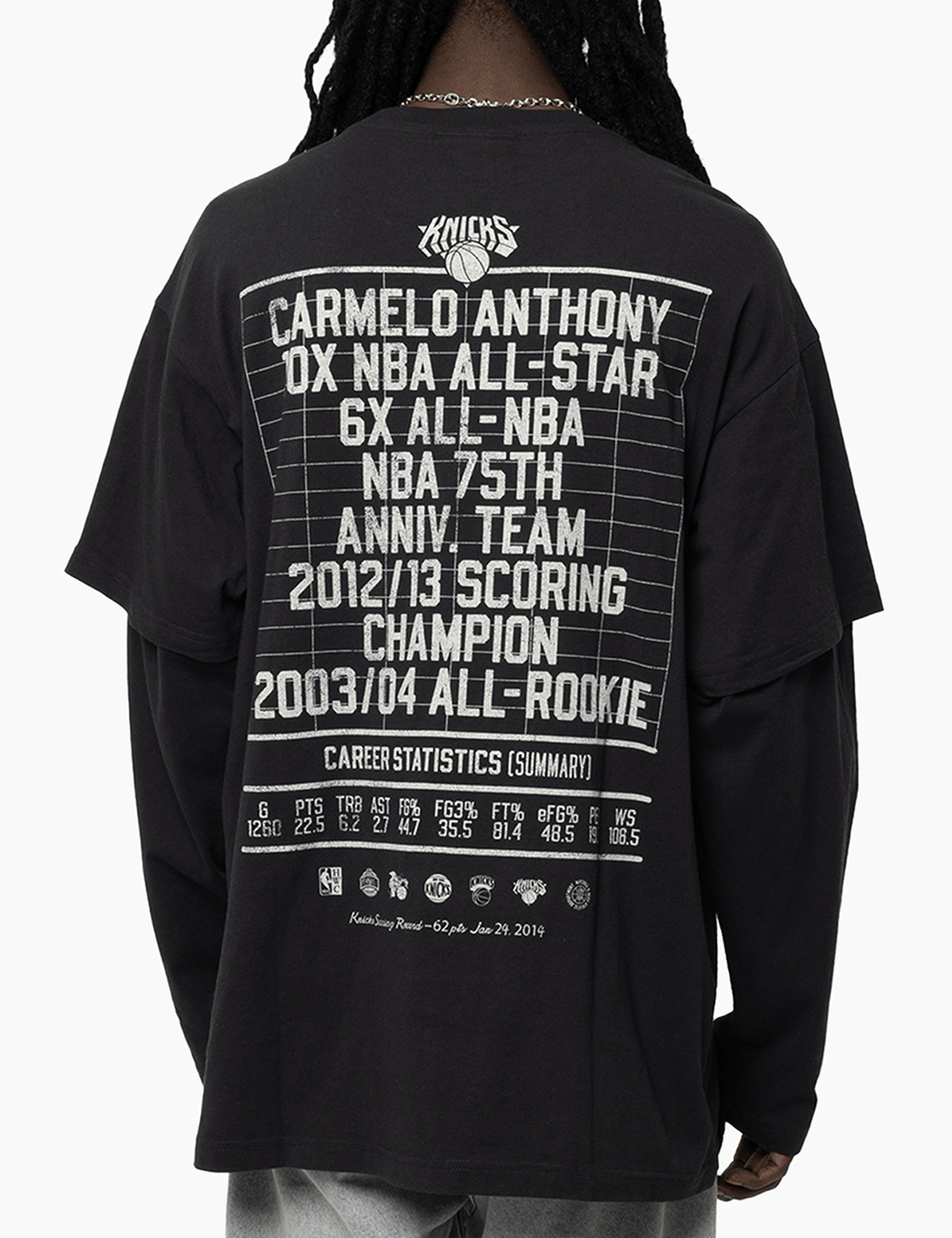 Mitchell And Ness T-Shirts Carmelo Anthony New York Knicks Mitchell & Ness NBA State Of Mind Long Sleeve T-Shirt - Faded Black