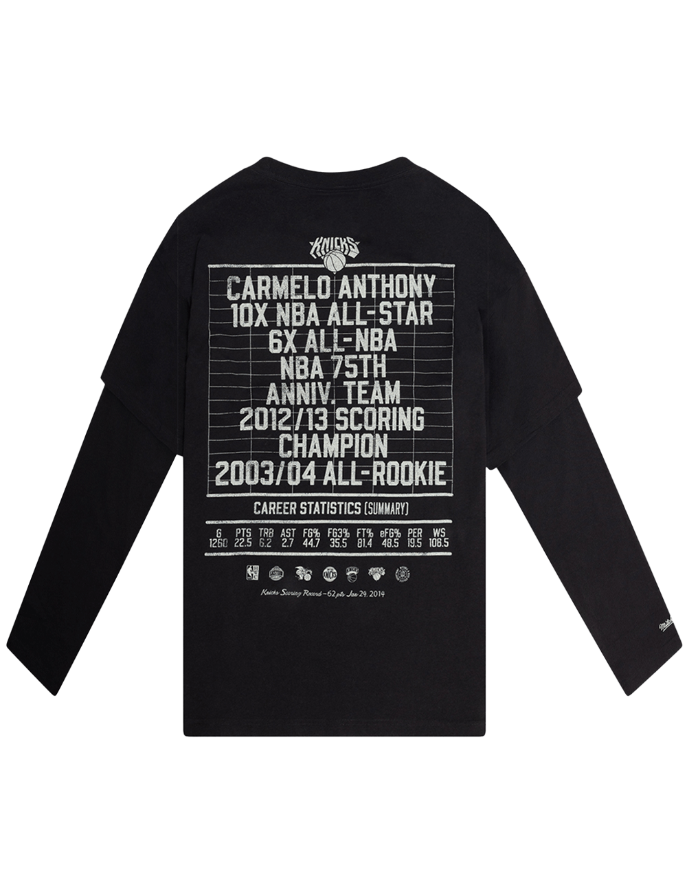 Mitchell And Ness T-Shirts Carmelo Anthony New York Knicks Mitchell & Ness NBA State Of Mind Long Sleeve T-Shirt - Faded Black