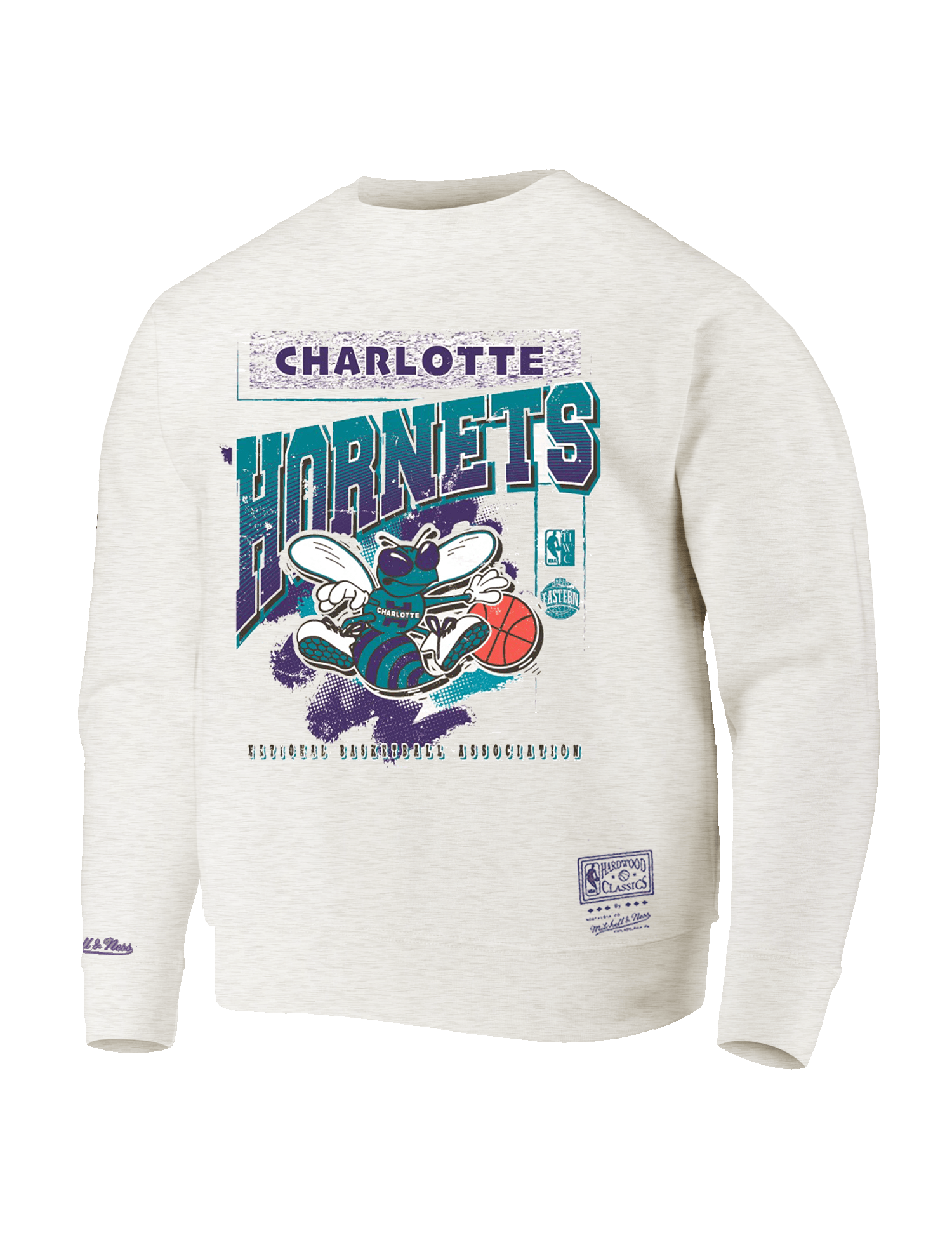 Mitchell And Ness Jumpers Charlotte Hornets Mitchell & Ness NBA Brush Off 2.0 Vintage Crew Jumper - White Marle