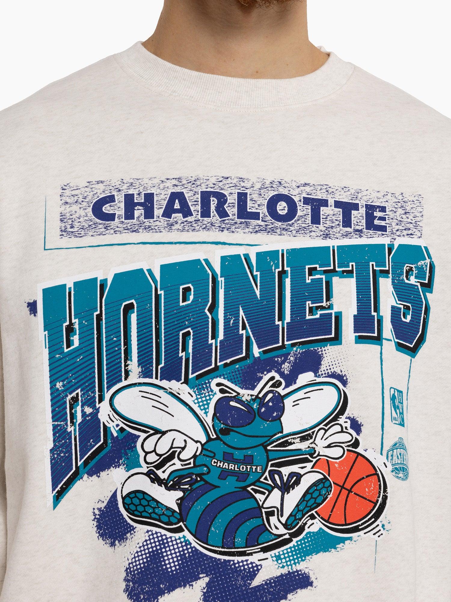 Mitchell And Ness Jumpers Charlotte Hornets Mitchell & Ness NBA Brush Off 2.0 Vintage Crew Jumper - White Marle