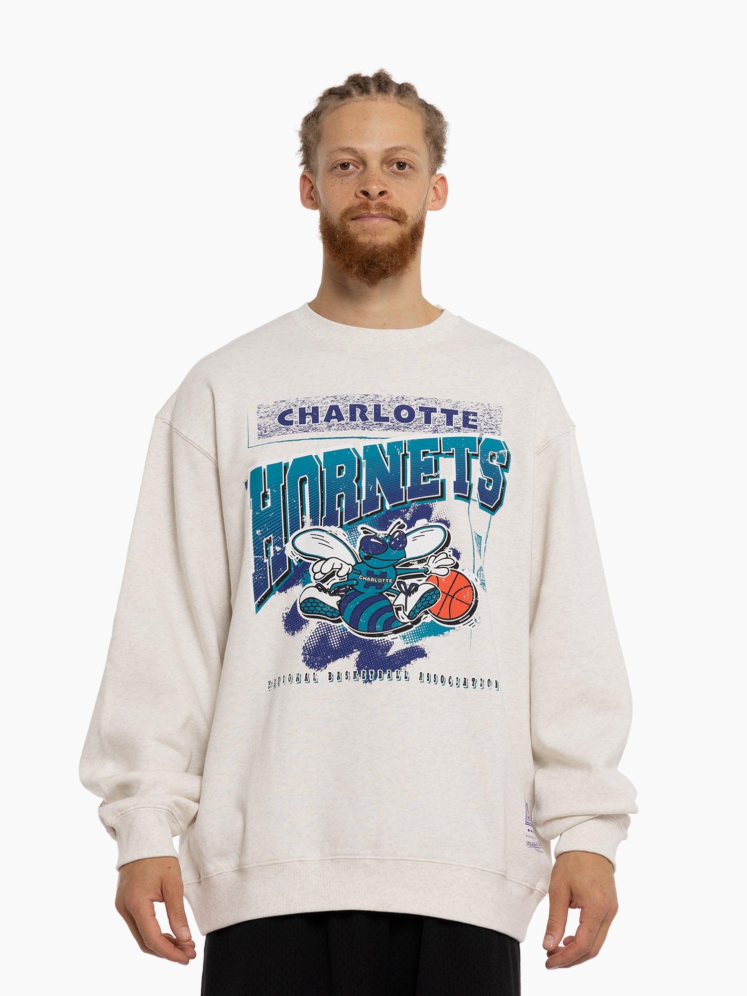 Mitchell And Ness Jumpers Charlotte Hornets Mitchell & Ness NBA Brush Off 2.0 Vintage Crew Jumper - White Marle