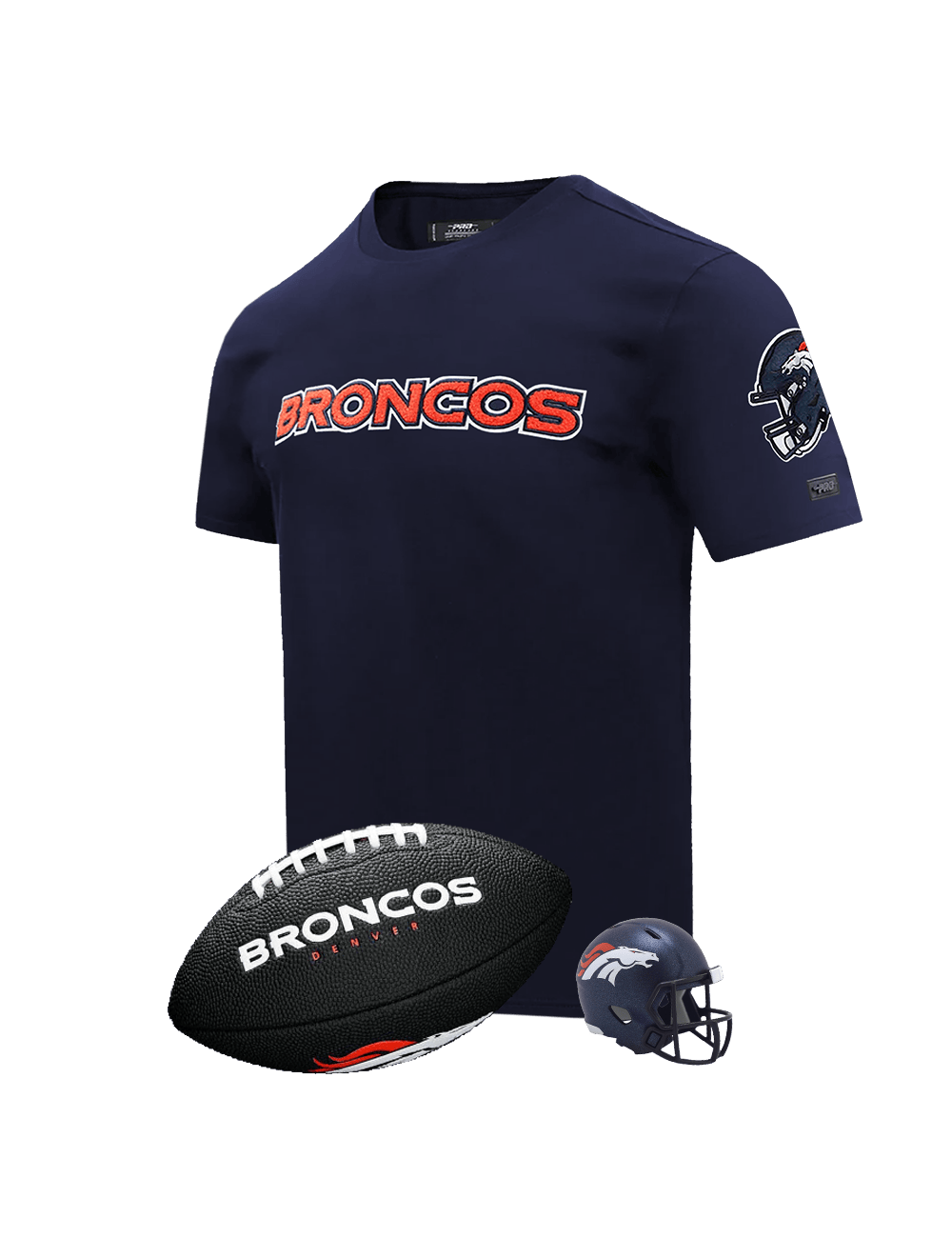 US Sports HQ Bundles Denver Broncos NFL T-Shirt, Ball & Pocket Helmet Bundle