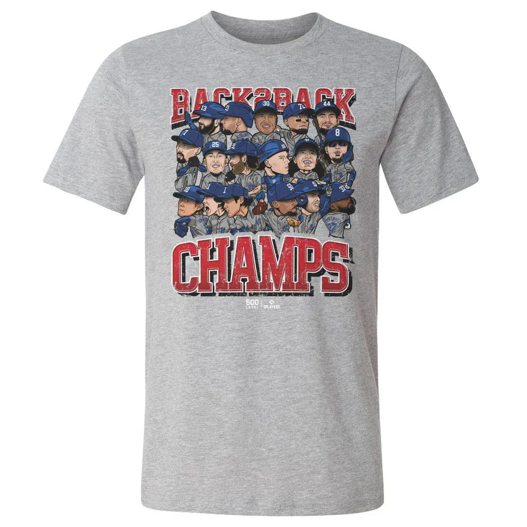 500 Level T-Shirts Los Angeles Dodgers 500 Level MLB 2025 Back 2 Back Champs Group T-Shirt - Grey