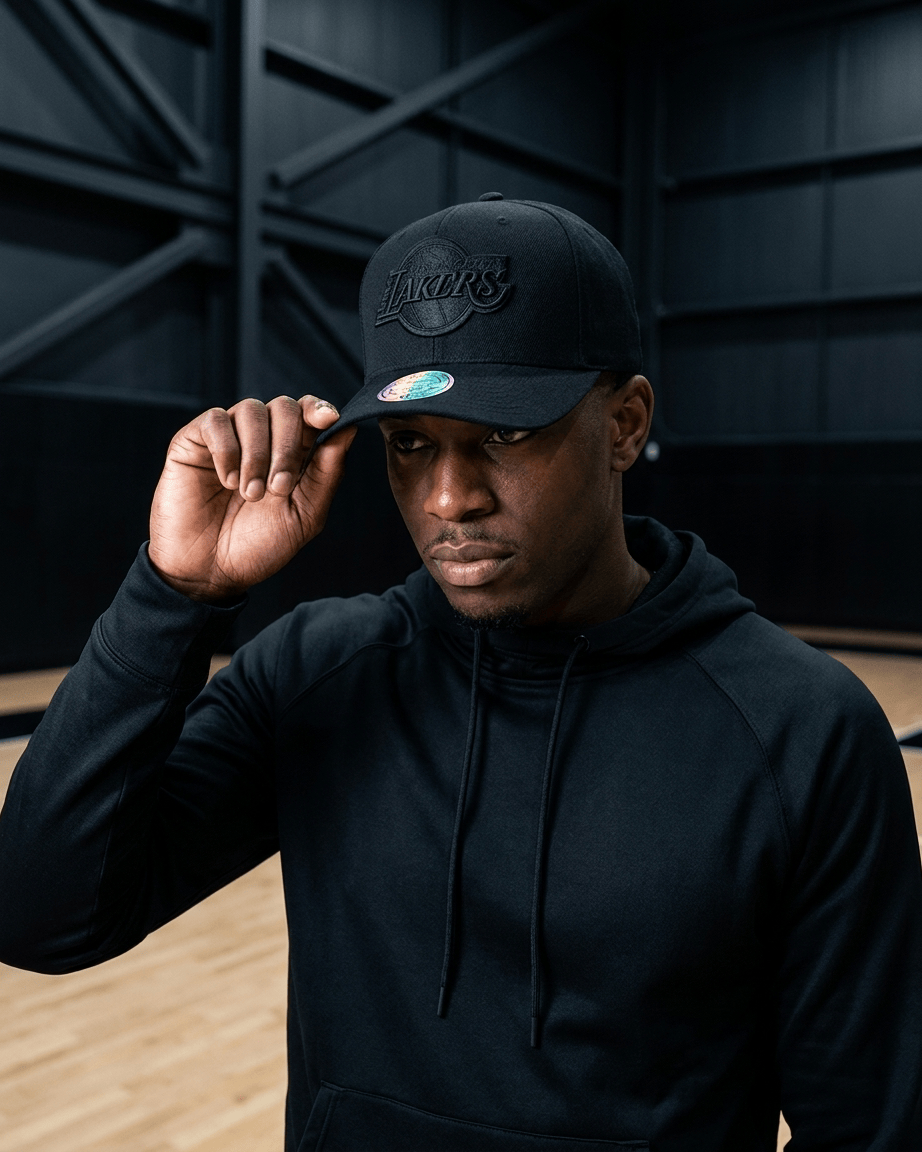 Mitchell And Ness Caps OSFM Los Angeles Lakers Mitchell & Ness NBA Black On Black Flex 110 Snapback Hat