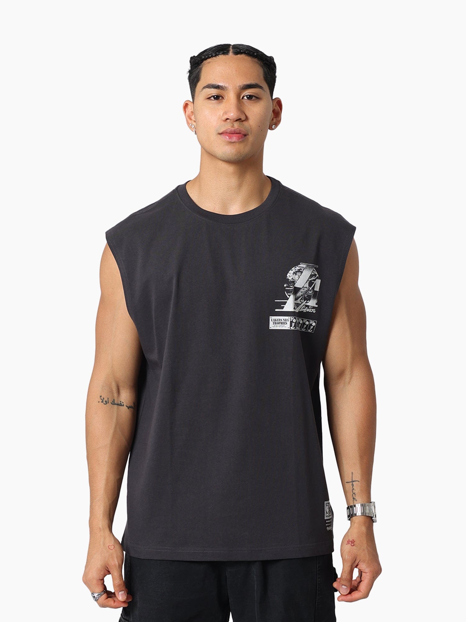 Mitchell And Ness T-Shirts Los Angeles Lakers Mitchell & Ness NBA Champs Chrome Muscle T-Shirt - Washed Black