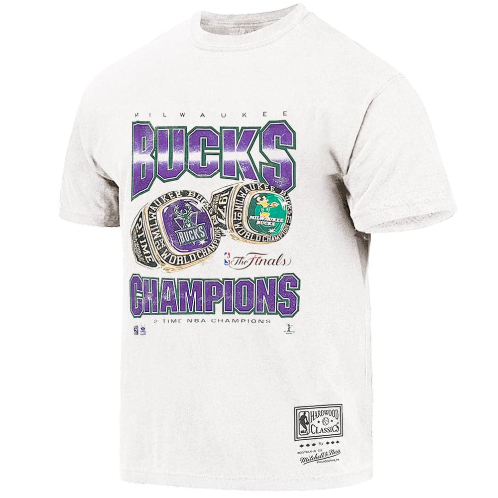 Mitchell And Ness T-Shirts Milwaukee Bucks Mitchell & Ness NBA 2021 Champs Vintage T-Shirt - Vintage White