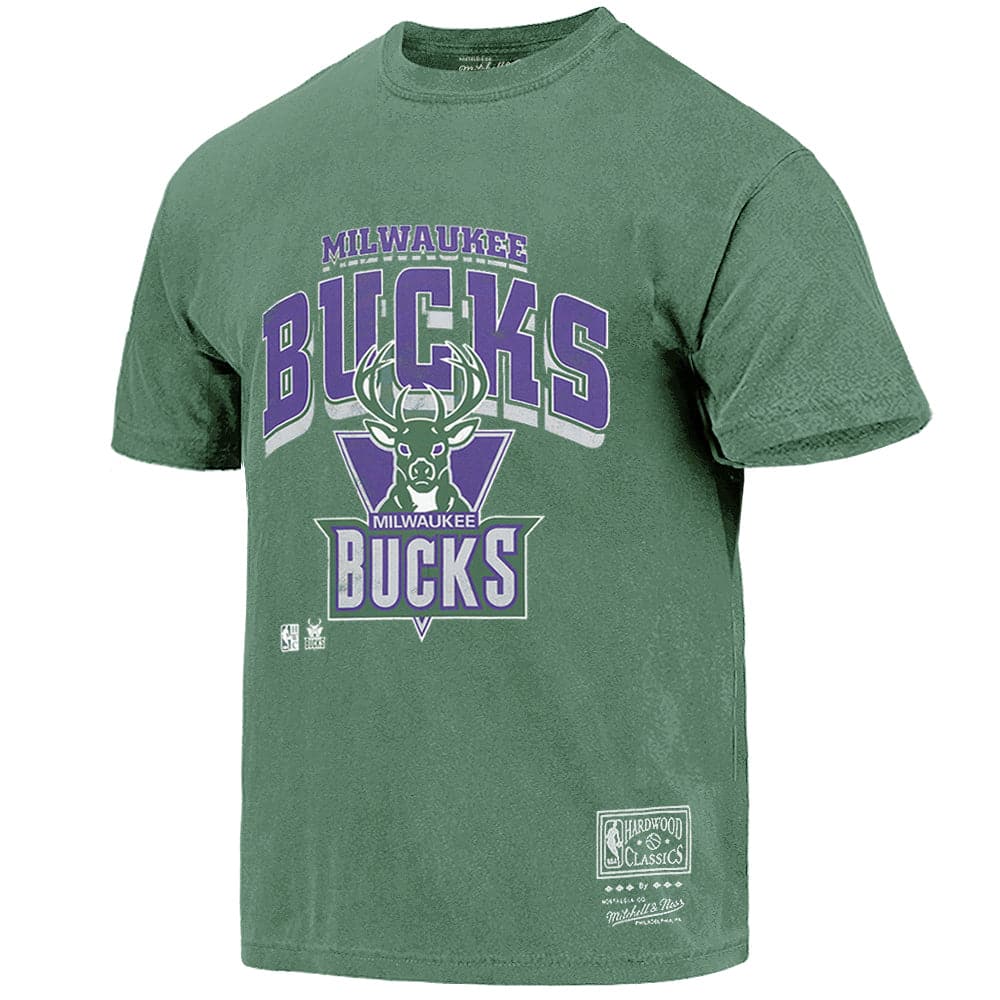 Mitchell And Ness T-Shirts Milwaukee Bucks Mitchell & Ness NBA HWC Logo Arch Vintage T-Shirt - Faded Green