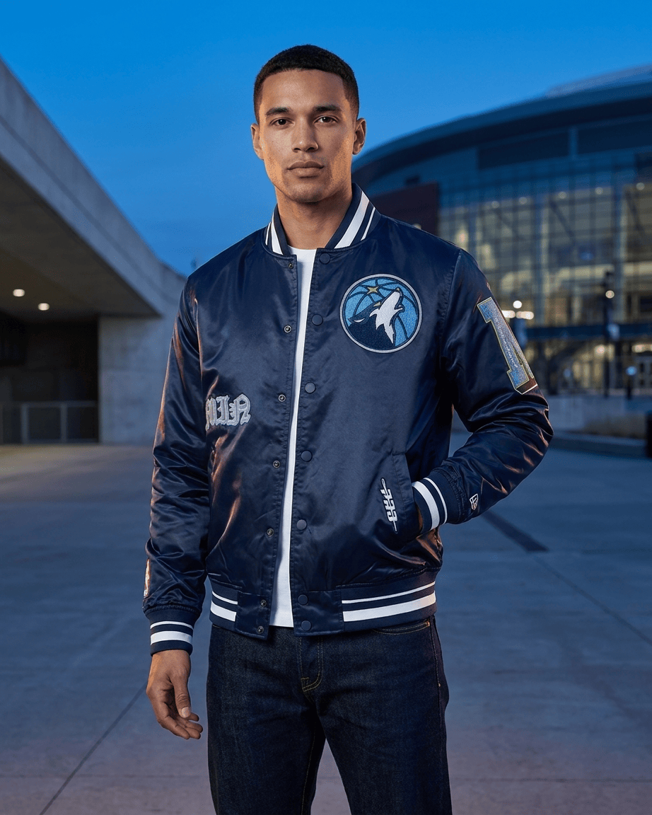 Pro Standard Jackets Minnesota Timberwolves Pro Standard NBA Old English Lightweight Satin Jacket - Navy