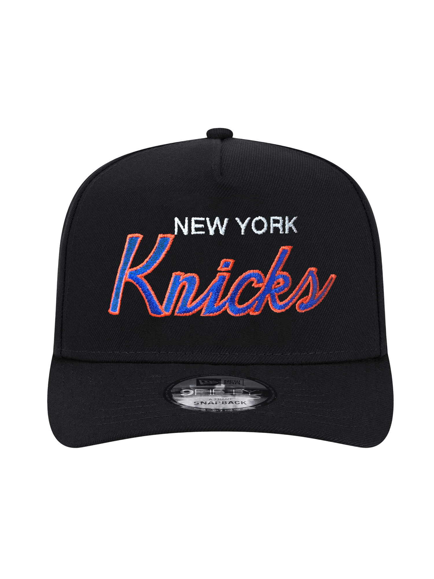 New Era Caps New York Knicks New Era NBA Script 9FIFTY Pre-Curved A-Frame Snapback Hat - Black