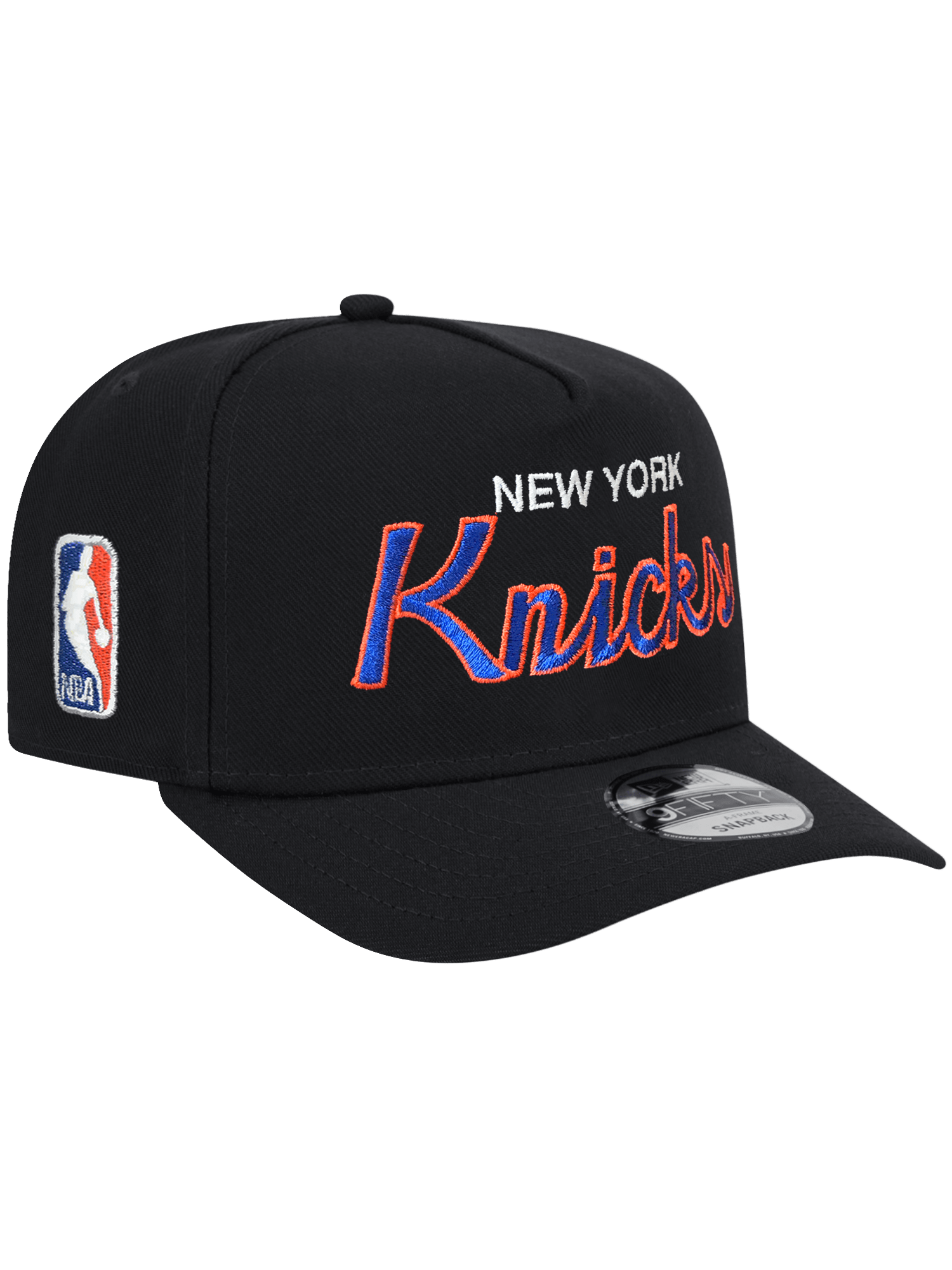 New Era Caps New York Knicks New Era NBA Script 9FIFTY Pre-Curved A-Frame Snapback Hat - Black