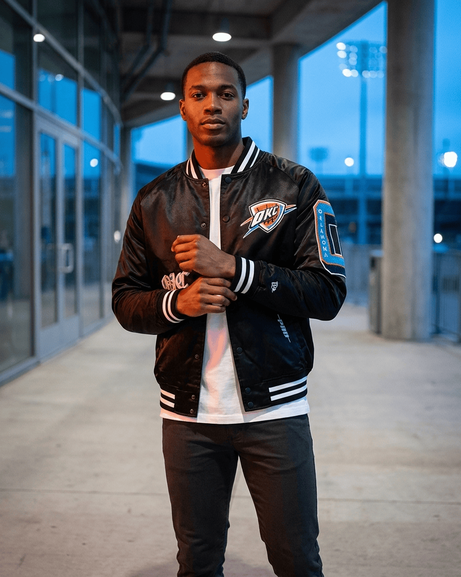 Pro Standard Jackets Oklahoma City Thunder Pro Standard NBA Old English Rib Satin Jacket - Black