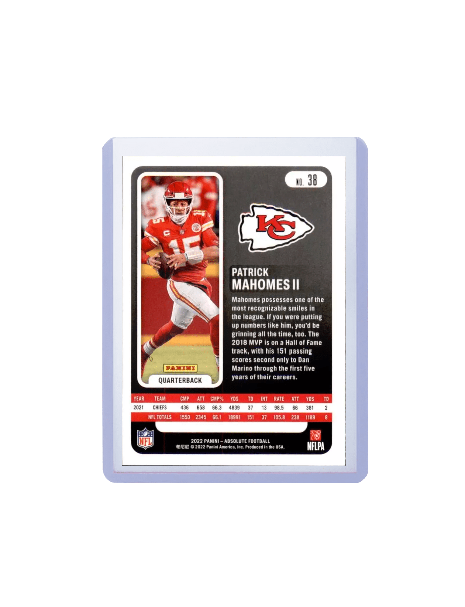 Panini Cards Patrick Mahomes Kansas City Chiefs Panini NFL 22 Absolute 38 Base Card