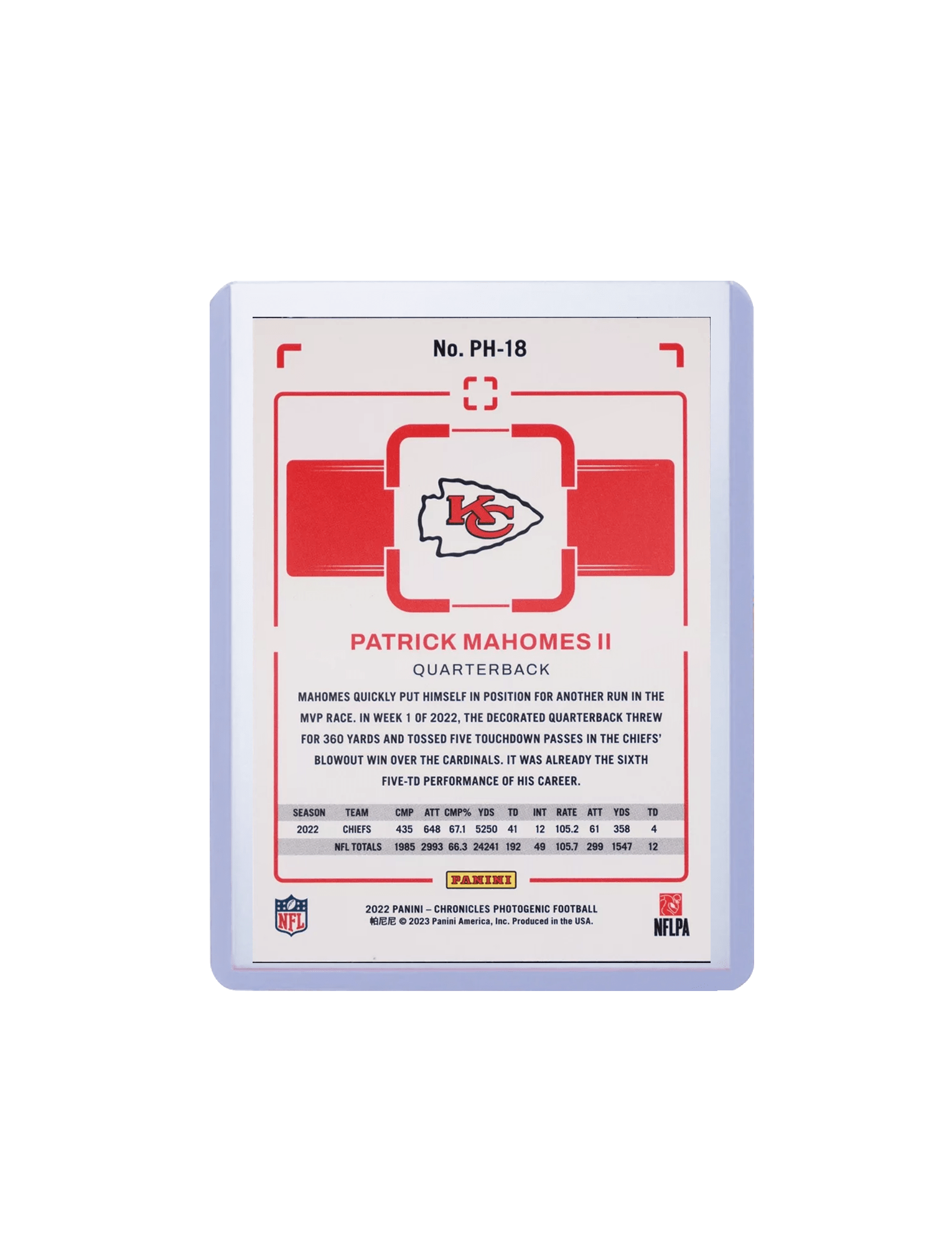 Panini Cards Patrick Mahomes Kansas City Chiefs Panini NFL 22 Photogenic 18 Card