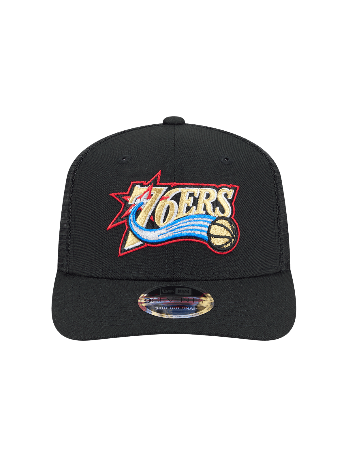 New Era Caps Philadelphia 76ers New Era NBA HWC 9SEVENTY Trucker Stretch Snapback Hat - Black