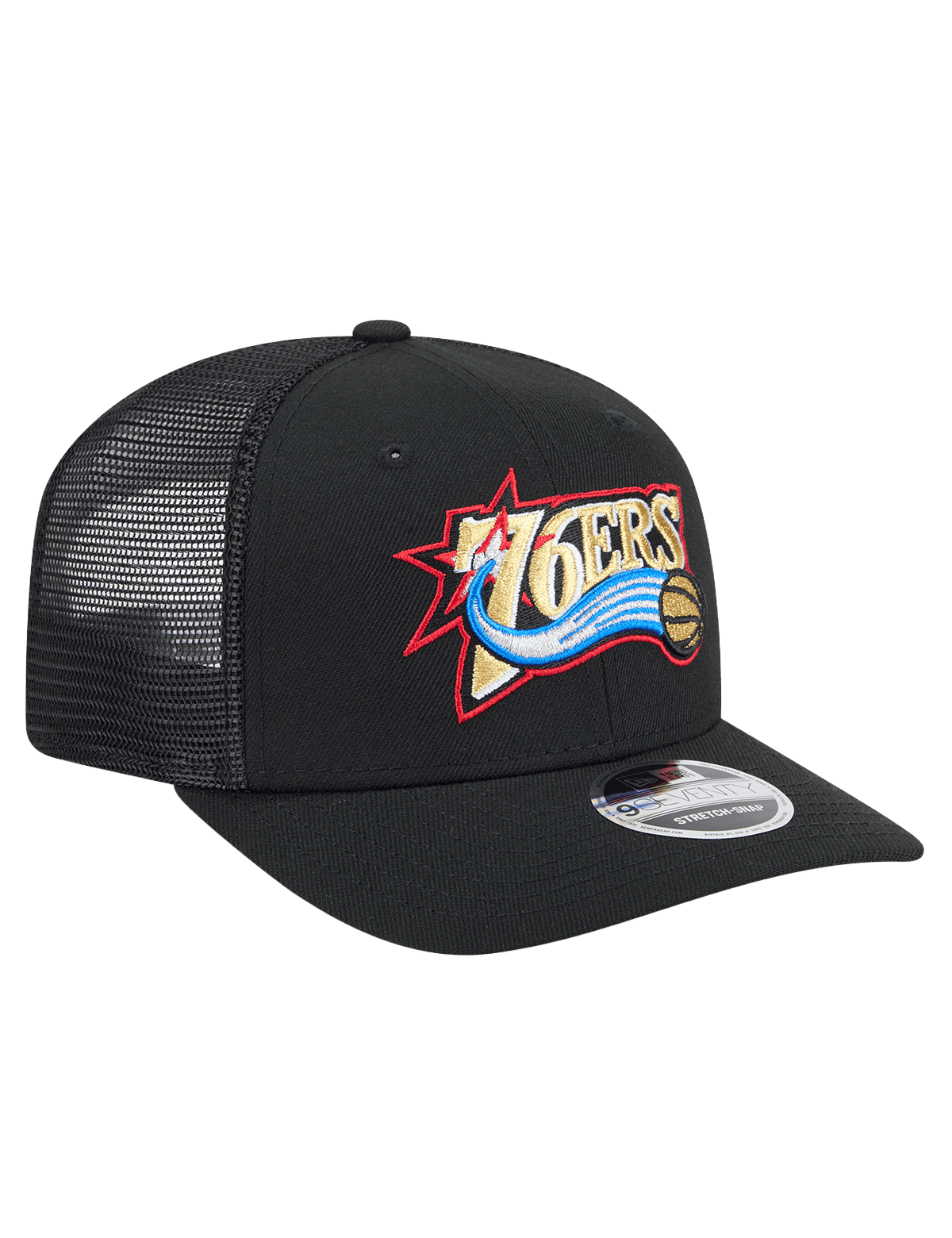 New Era Caps Philadelphia 76ers New Era NBA HWC 9SEVENTY Trucker Stretch Snapback Hat - Black