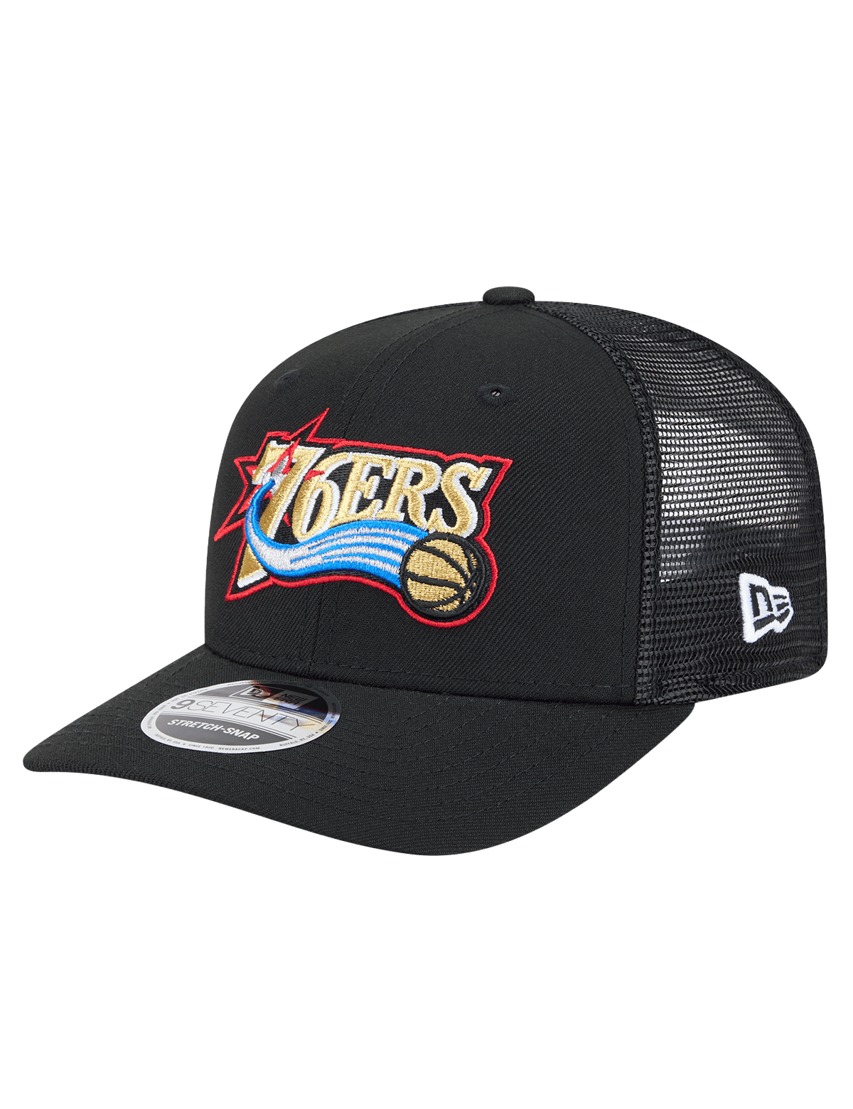New Era Caps Philadelphia 76ers New Era NBA HWC 9SEVENTY Trucker Stretch Snapback Hat - Black