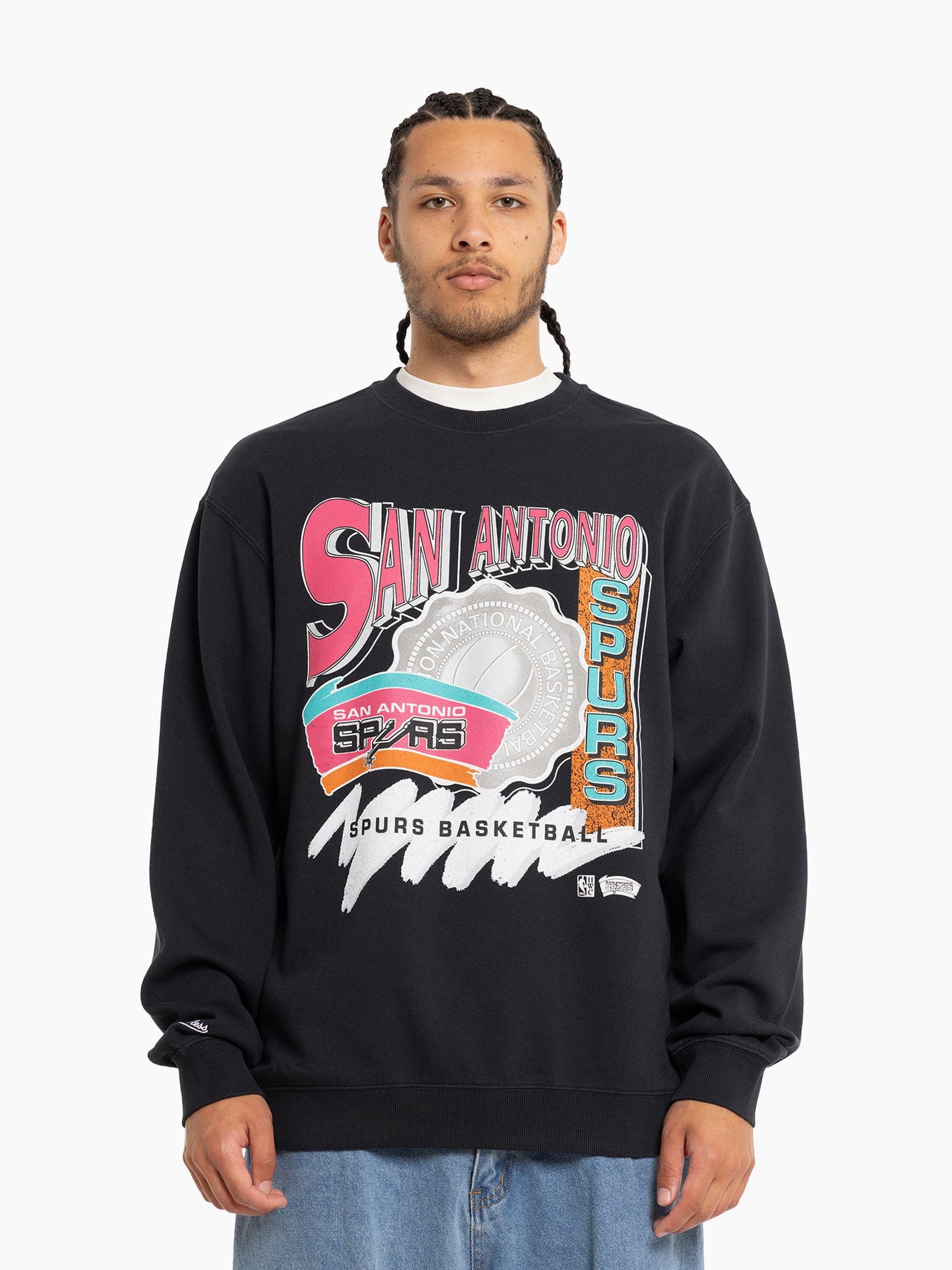 Mitchell And Ness Jumpers San Antonio Spurs Mitchell & Ness NBA Brush Off Vintage Crew Jumper - Vintage Black