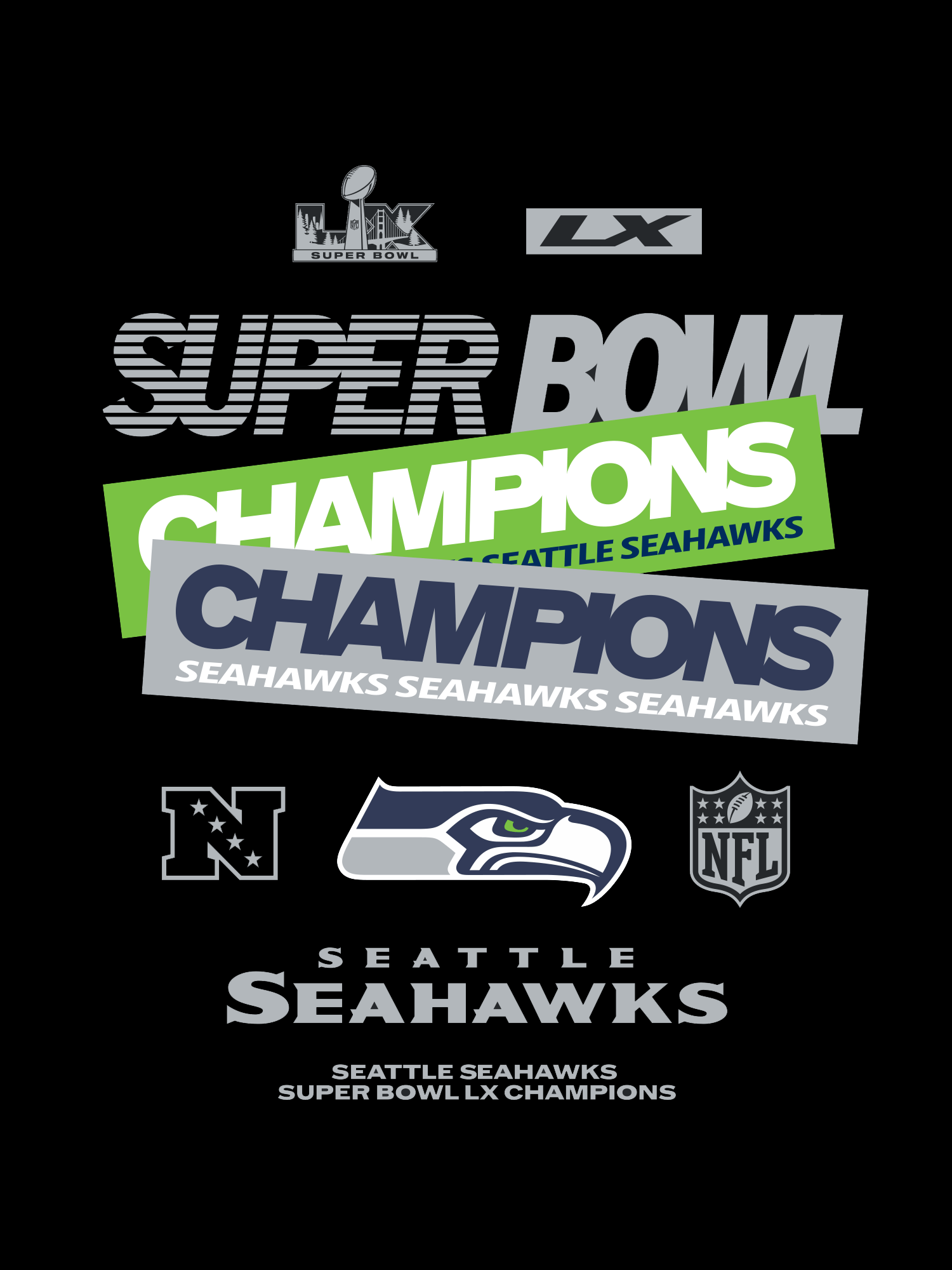 Majestic Athletic T-Shirts Seattle Seahawks Majestic NFL Super Bowl LX Champs Double Hit Vintage Fit T-Shirt - Black