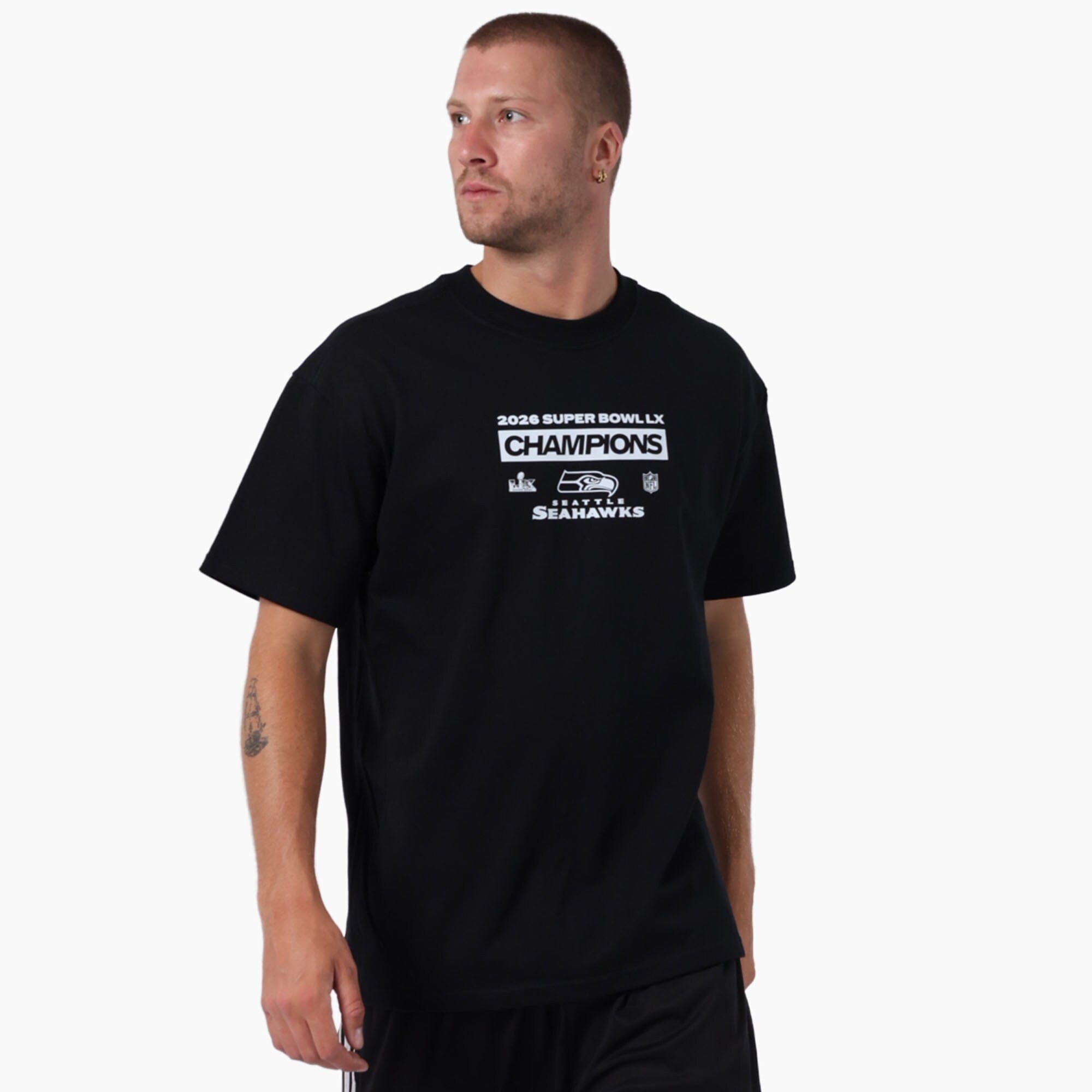 Majestic Athletic T-Shirts Seattle Seahawks Majestic NFL Super Bowl LX Champs Double Hit Vintage Fit T-Shirt - Black