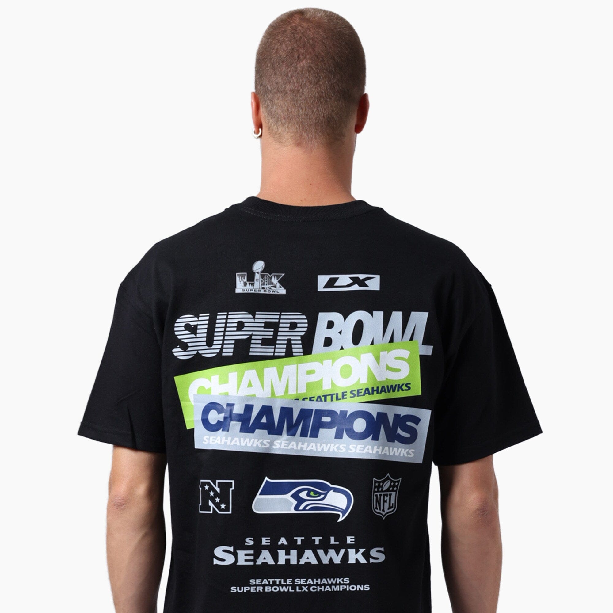 Majestic Athletic T-Shirts Seattle Seahawks Majestic NFL Super Bowl LX Champs Double Hit Vintage Fit T-Shirt - Black
