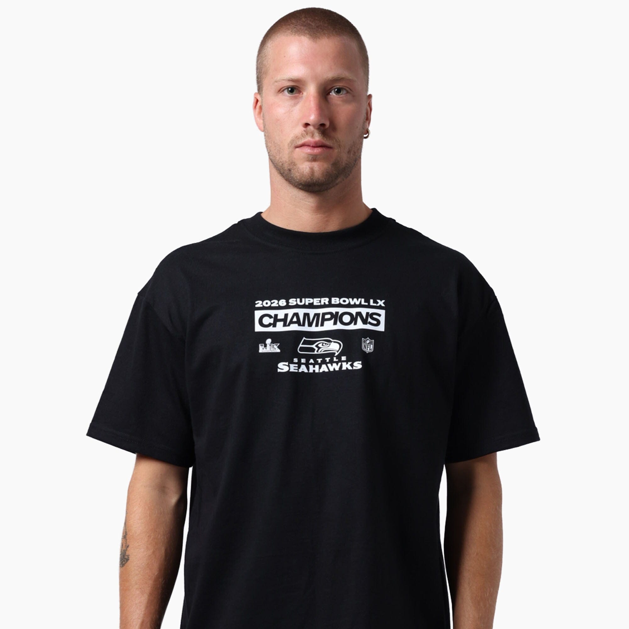 Majestic Athletic T-Shirts Seattle Seahawks Majestic NFL Super Bowl LX Champs Double Hit Vintage Fit T-Shirt - Black